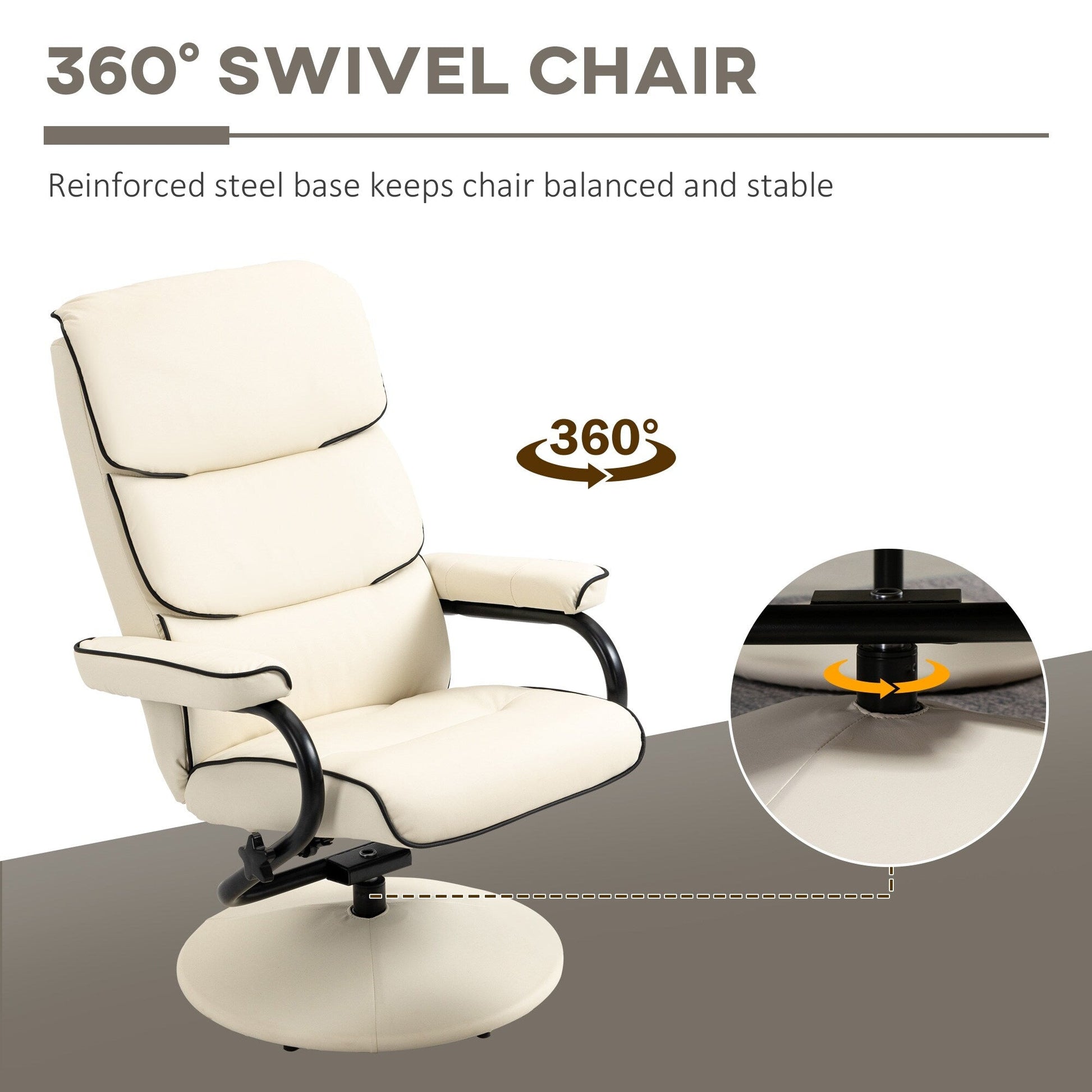 Fauteuil inclinable pivotant à 360° en cuir PU, chaise de salon réglable, dossier haut, accoudoirs, avec repose-pieds et rembourrage en mousse épaisse.