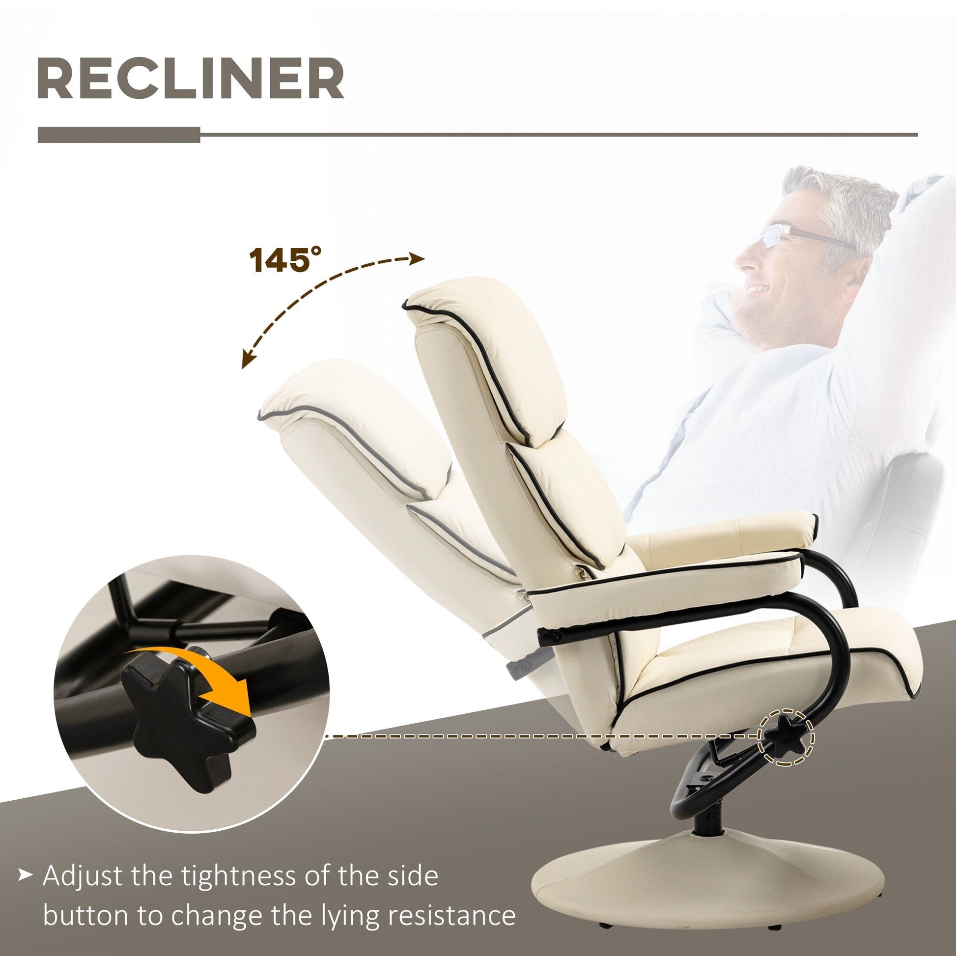 Fauteuil inclinable pivotant à 360° en cuir PU, chaise de salon réglable, dossier haut, accoudoirs, avec repose-pieds et rembourrage en mousse épaisse.