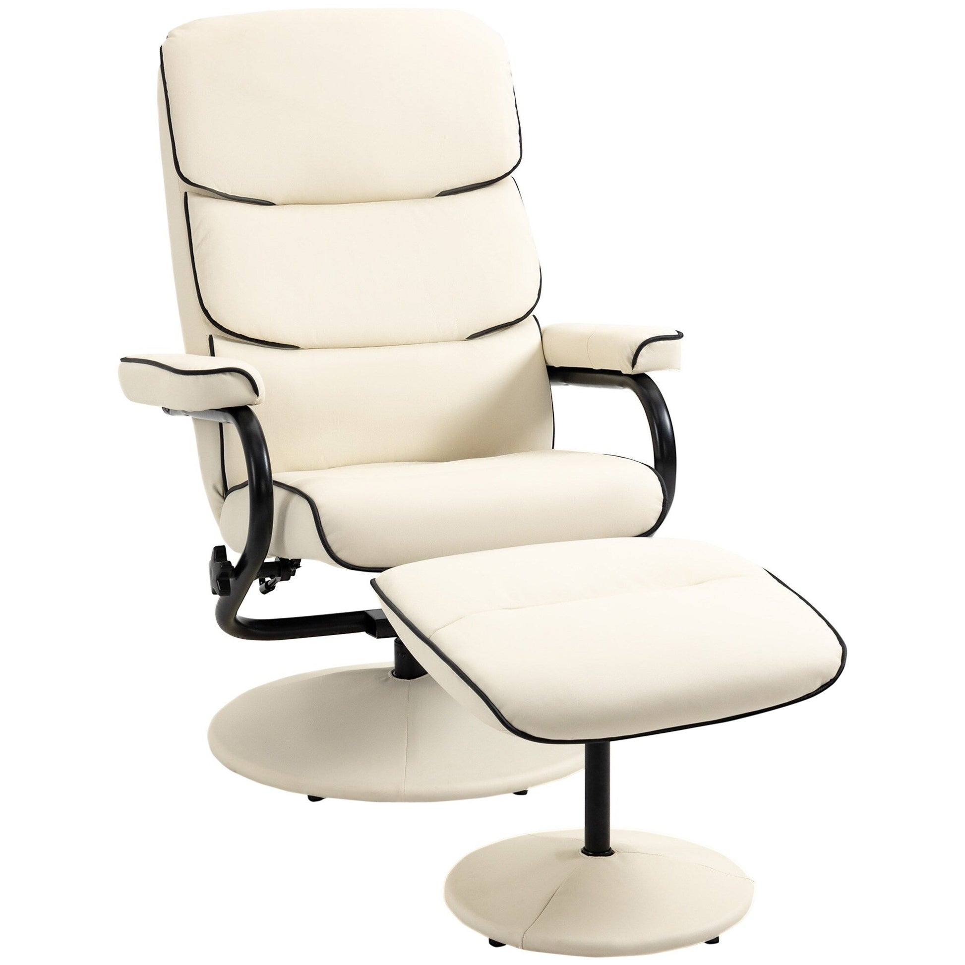 Fauteuil inclinable pivotant à 360° en cuir PU, chaise de salon réglable, dossier haut, accoudoirs, avec repose-pieds et rembourrage en mousse épaisse.