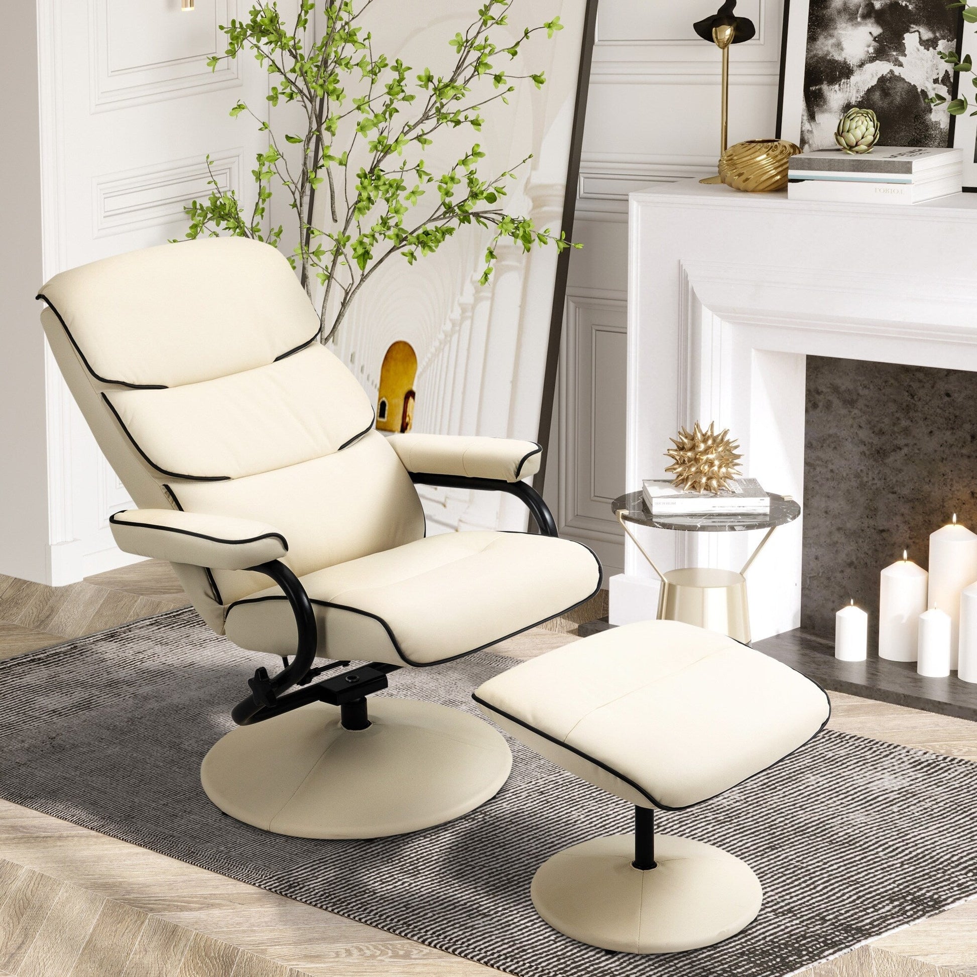 Fauteuil inclinable pivotant à 360° en cuir PU, chaise de salon réglable, dossier haut, accoudoirs, avec repose-pieds et rembourrage en mousse épaisse.