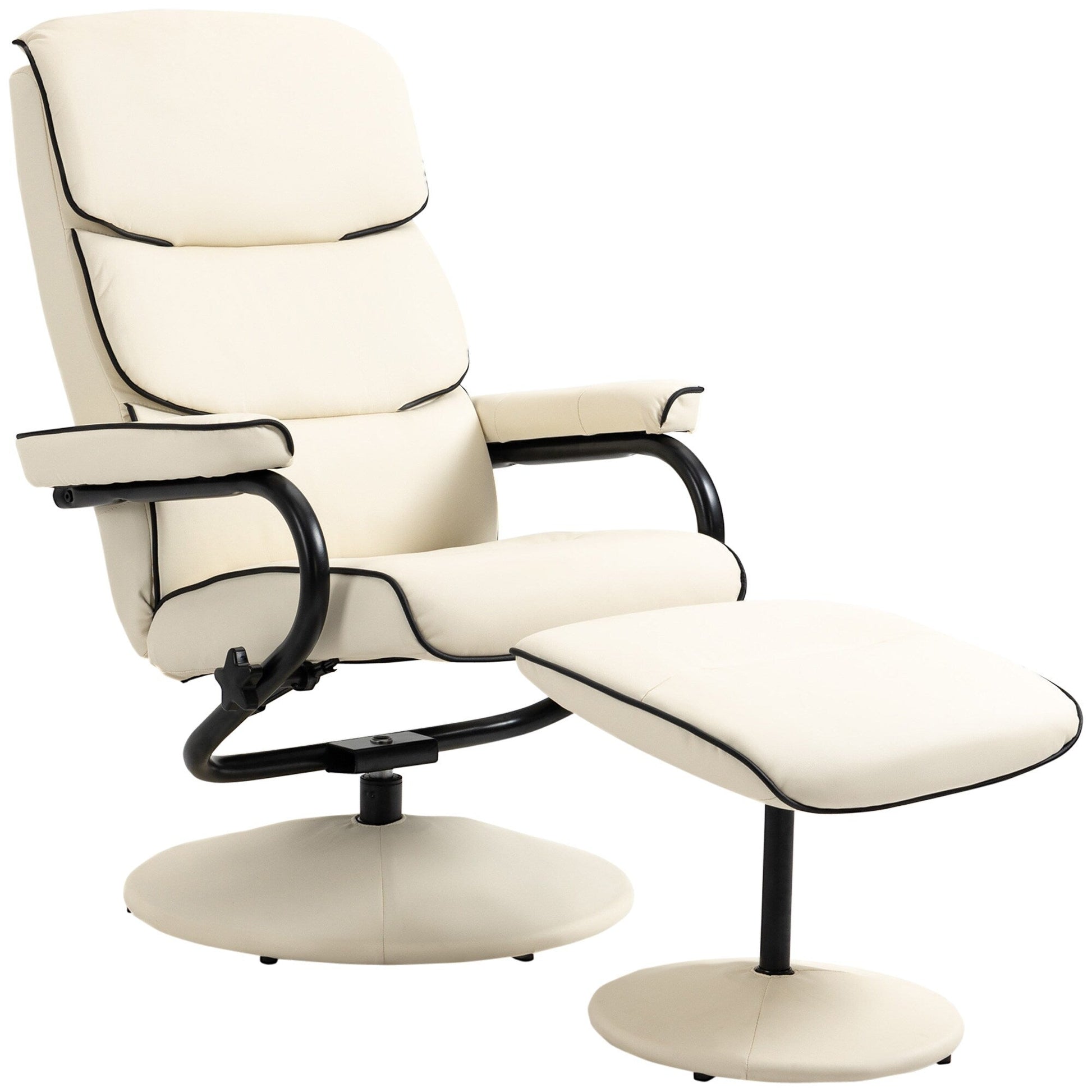 Fauteuil inclinable pivotant à 360° en cuir PU, chaise de salon réglable, dossier haut, accoudoirs, avec repose-pieds et rembourrage en mousse épaisse.