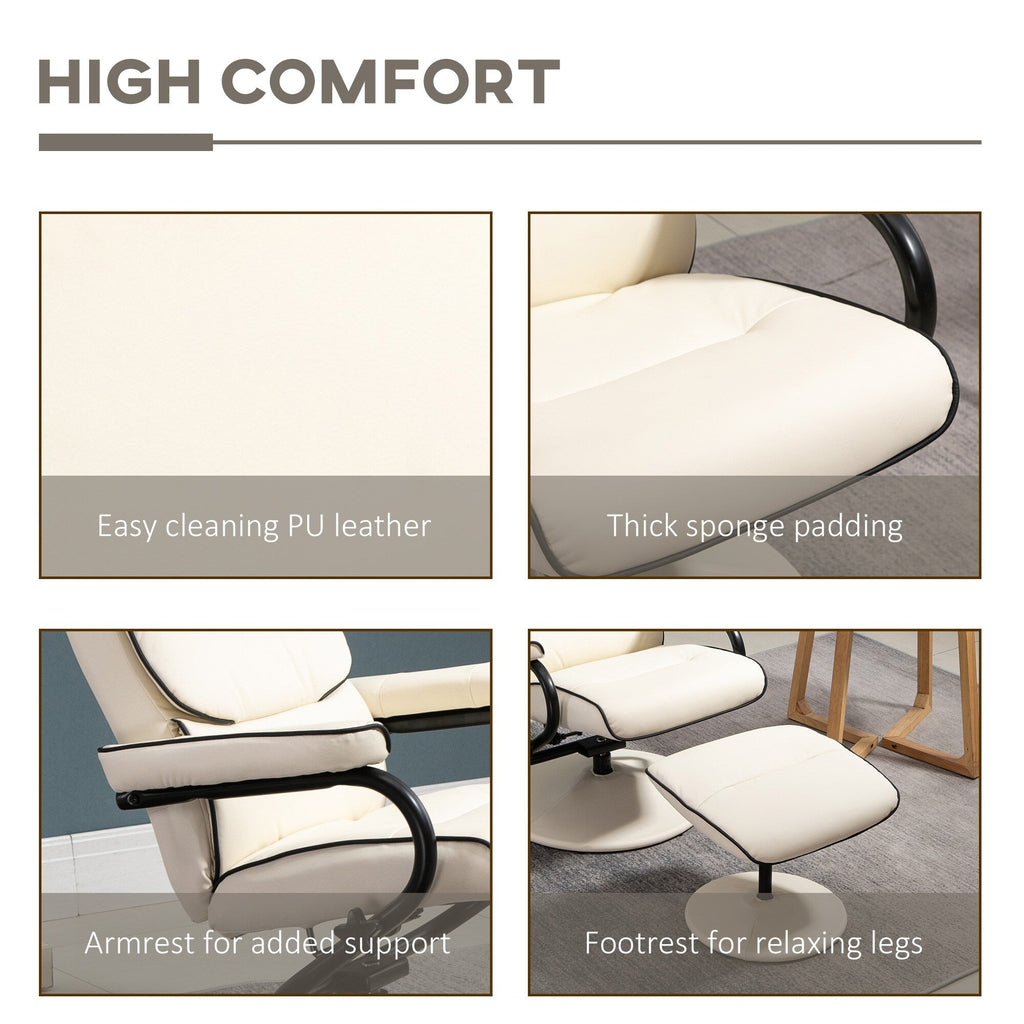 Fauteuil inclinable pivotant à 360° en cuir PU, chaise de salon réglable, dossier haut, accoudoirs, avec repose-pieds et rembourrage en mousse épaisse.