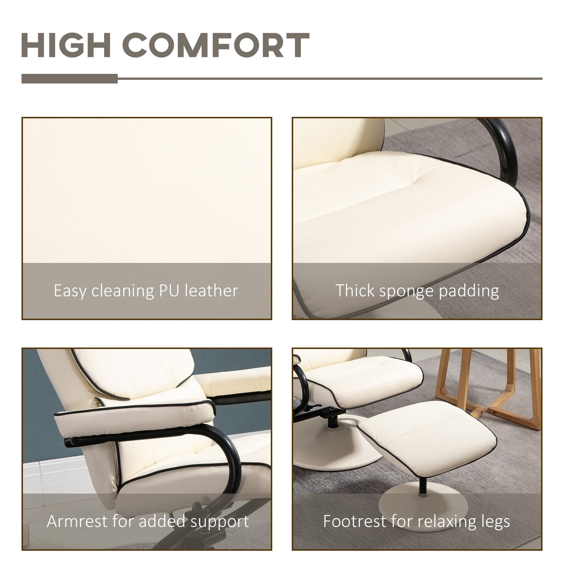 Fauteuil inclinable pivotant à 360° en cuir PU, chaise de salon réglable, dossier haut, accoudoirs, avec repose-pieds et rembourrage en mousse épaisse.
