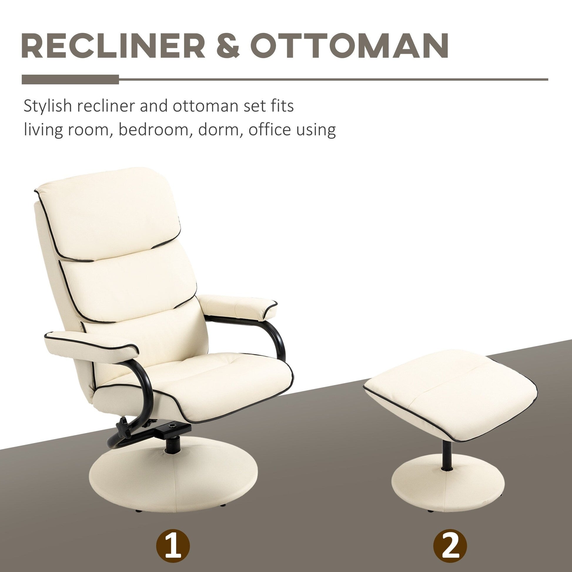 Fauteuil inclinable pivotant à 360° en cuir PU, chaise de salon réglable, dossier haut, accoudoirs, avec repose-pieds et rembourrage en mousse épaisse.