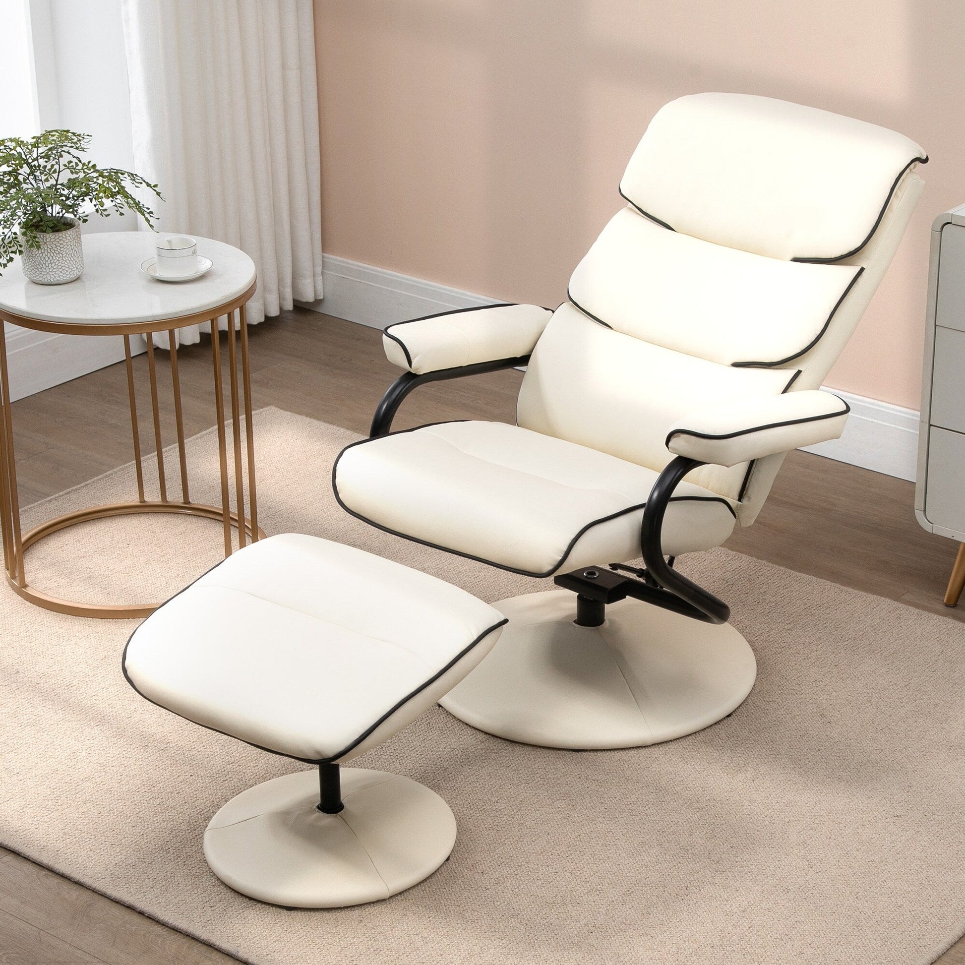 Fauteuil inclinable pivotant à 360° en cuir PU, chaise de salon réglable, dossier haut, accoudoirs, avec repose-pieds et rembourrage en mousse épaisse.