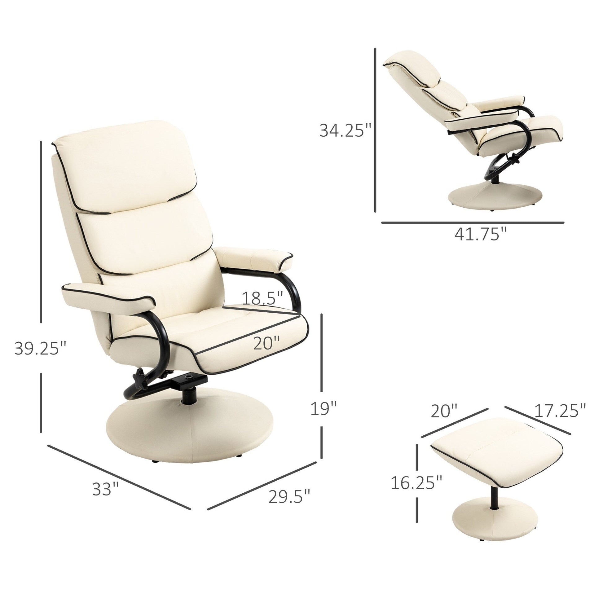 Fauteuil inclinable pivotant à 360° en cuir PU, chaise de salon réglable, dossier haut, accoudoirs, avec repose-pieds et rembourrage en mousse épaisse.