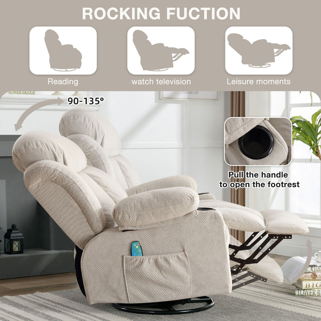 Fauteuil inclinable pivotant à 360 degrés, avec fonction massage, chauffe, balançoire, porte-gobelets (2), poches latérales et chargeur USB.