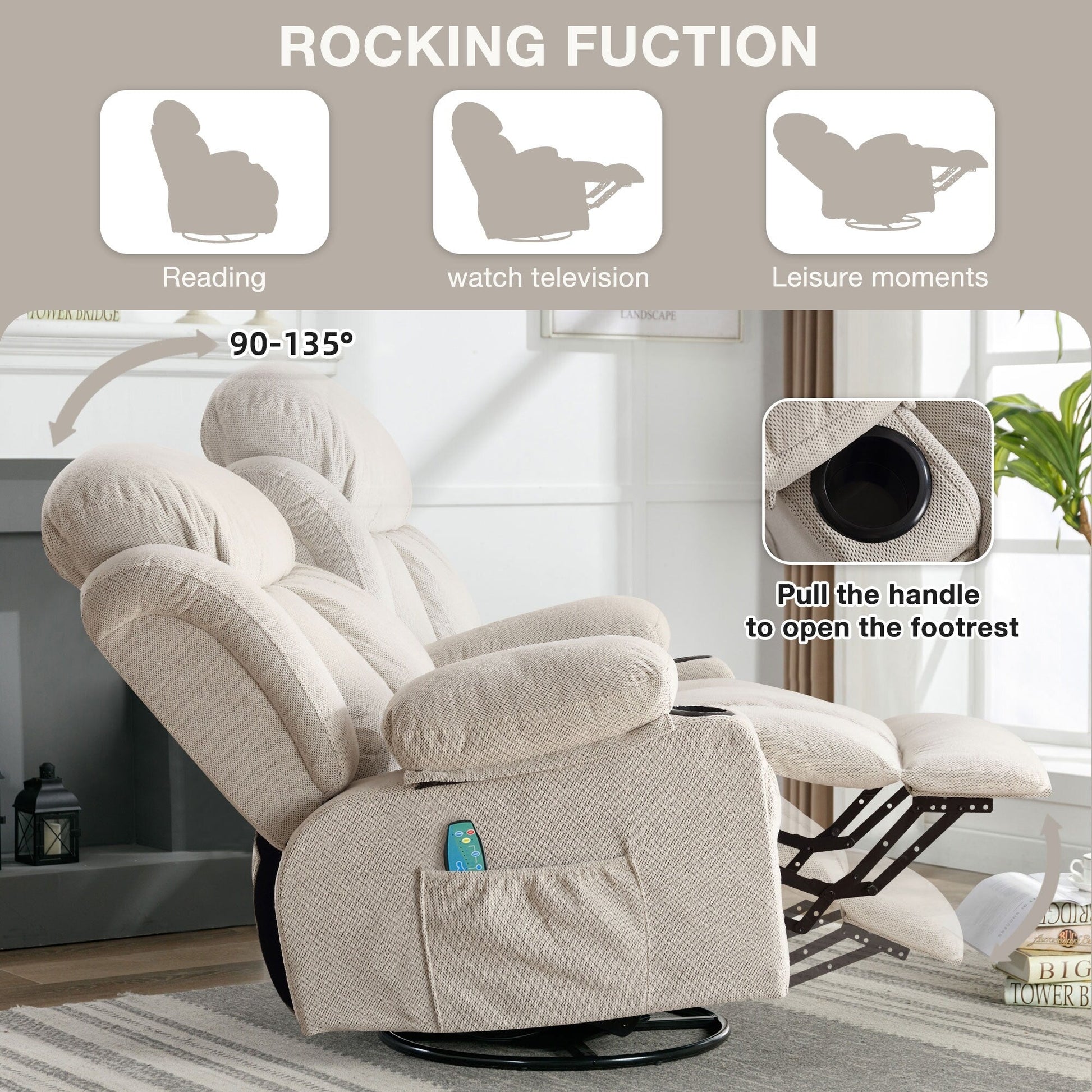 Fauteuil inclinable pivotant à 360 degrés, avec fonction massage, chauffe, balançoire, porte-gobelets (2), poches latérales et chargeur USB.