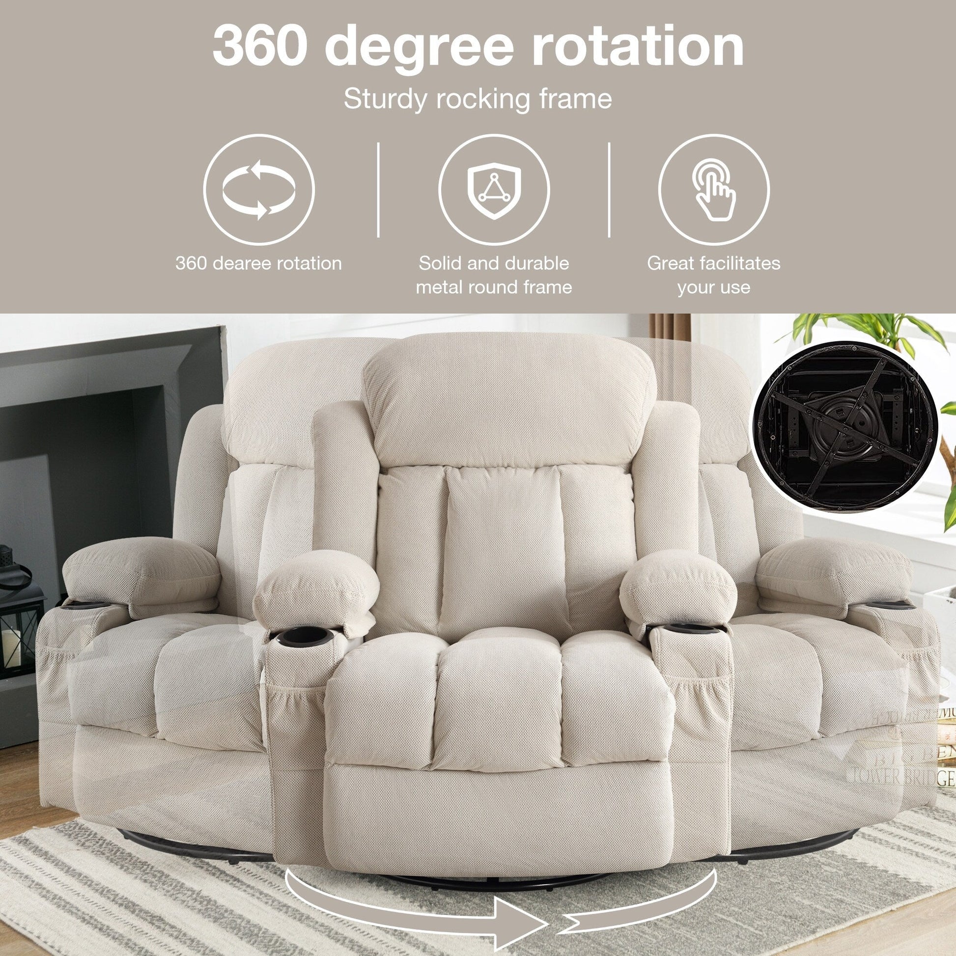 Fauteuil inclinable pivotant à 360 degrés, avec fonction massage, chauffe, balançoire, porte-gobelets (2), poches latérales et chargeur USB.