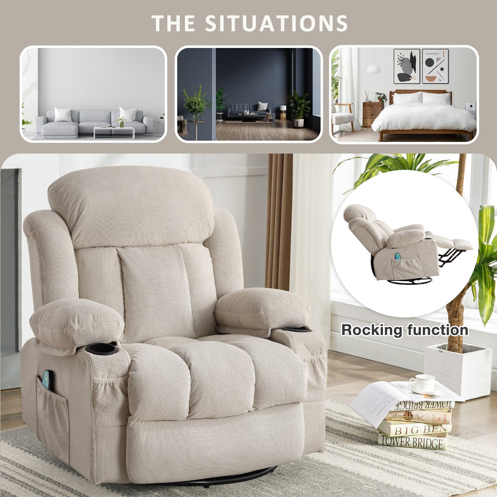 Fauteuil inclinable pivotant à 360 degrés, avec fonction massage, chauffe, balançoire, porte-gobelets (2), poches latérales et chargeur USB.