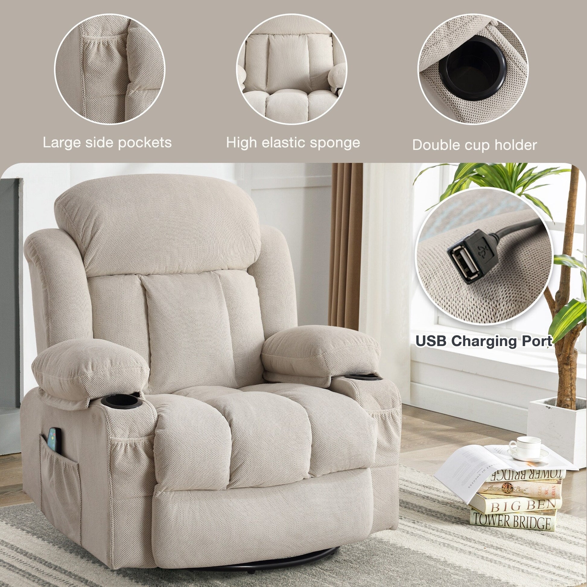 Fauteuil inclinable pivotant à 360 degrés, avec fonction massage, chauffe, balançoire, porte-gobelets (2), poches latérales et chargeur USB.