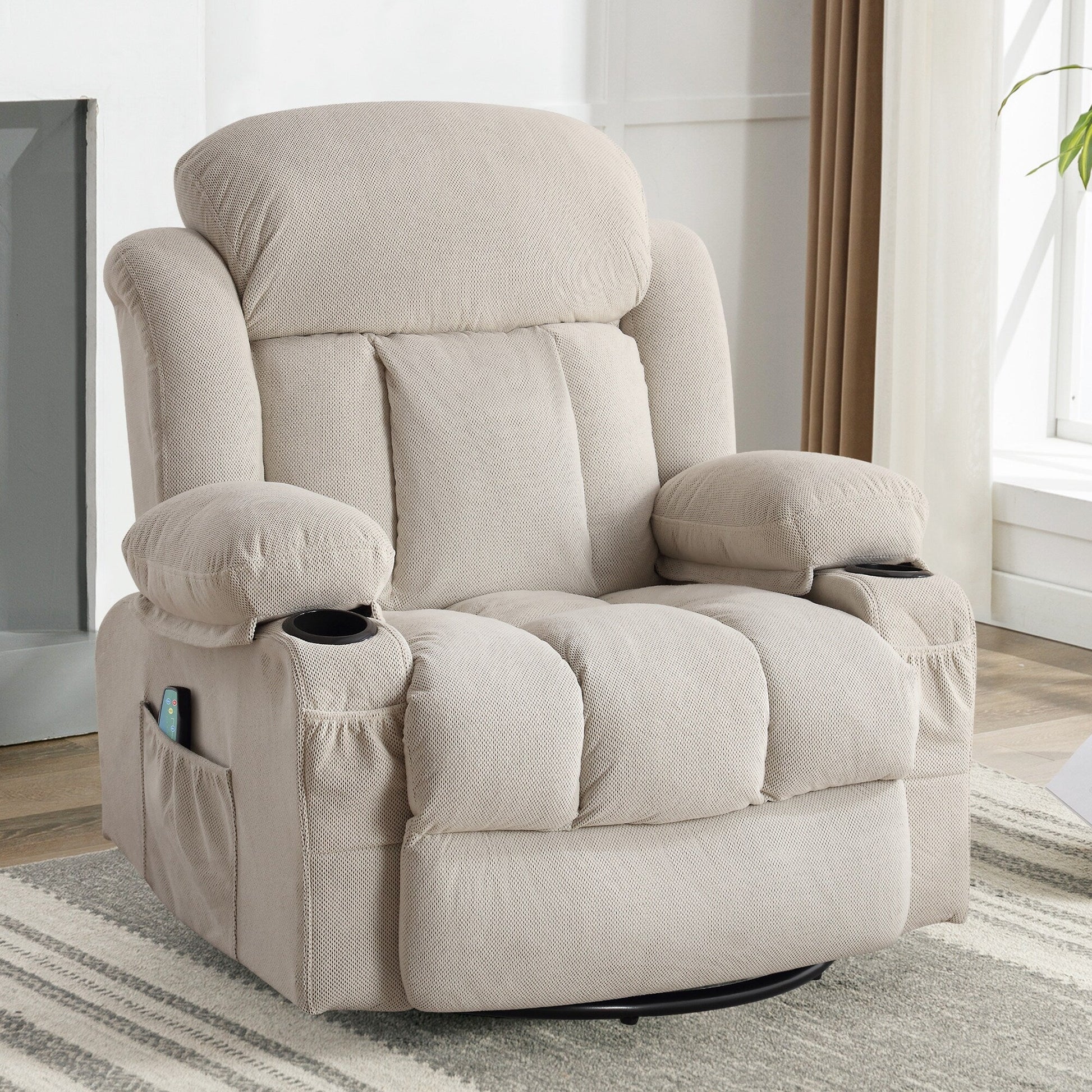 Fauteuil inclinable pivotant à 360 degrés, avec fonction massage, chauffe, balançoire, porte-gobelets (2), poches latérales et chargeur USB.