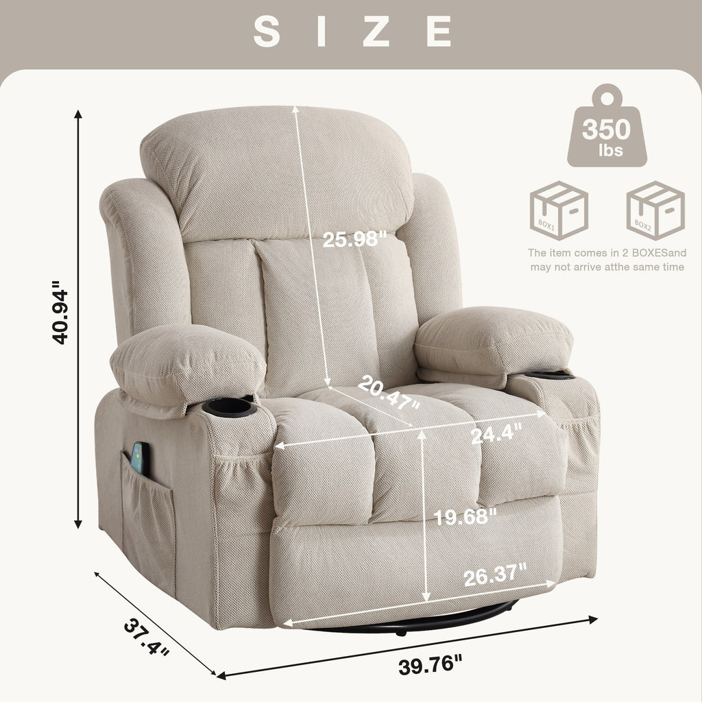 Fauteuil inclinable pivotant à 360 degrés, avec fonction massage, chauffe, balançoire, porte-gobelets (2), poches latérales et chargeur USB.
