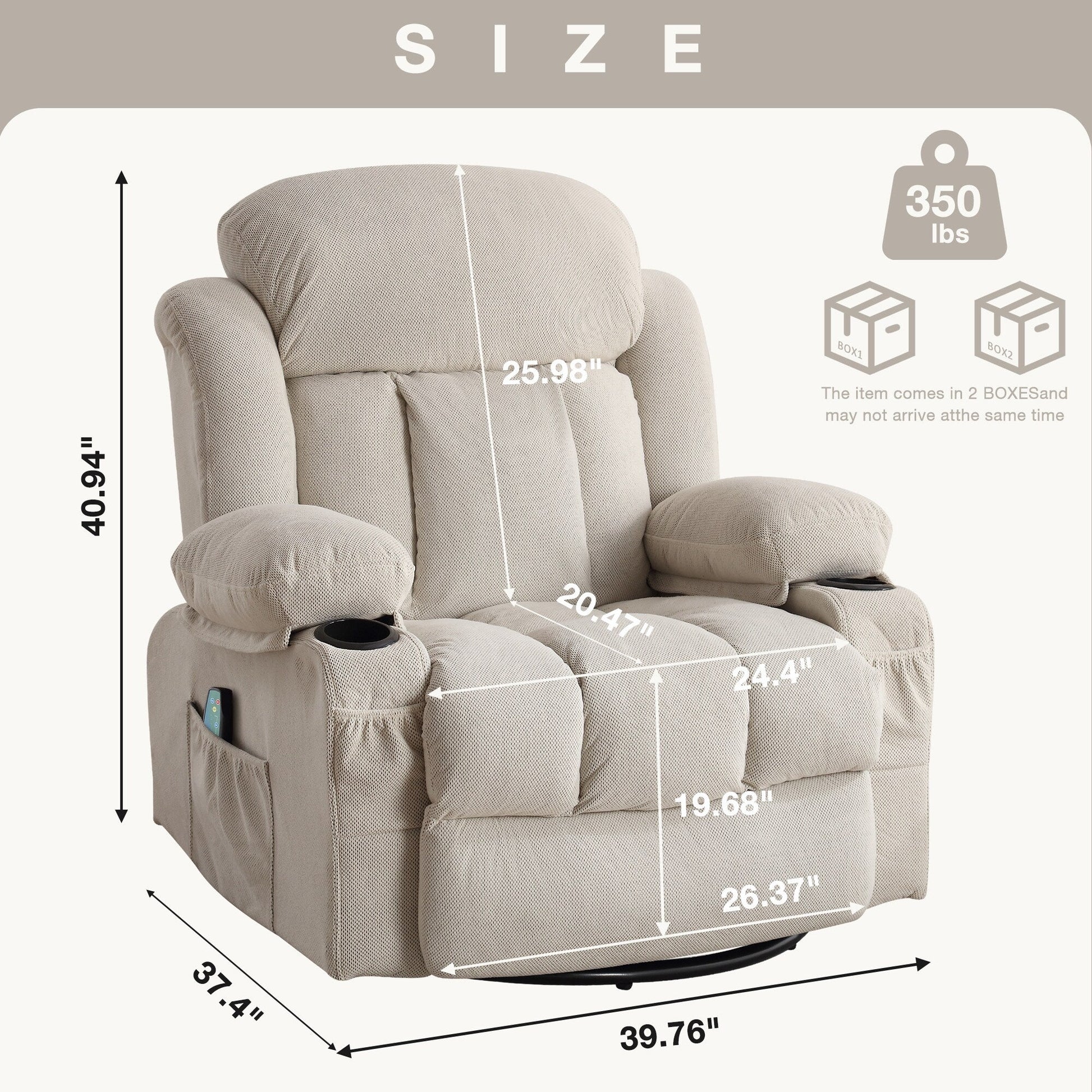 Fauteuil inclinable pivotant à 360 degrés, avec fonction massage, chauffe, balançoire, porte-gobelets (2), poches latérales et chargeur USB.