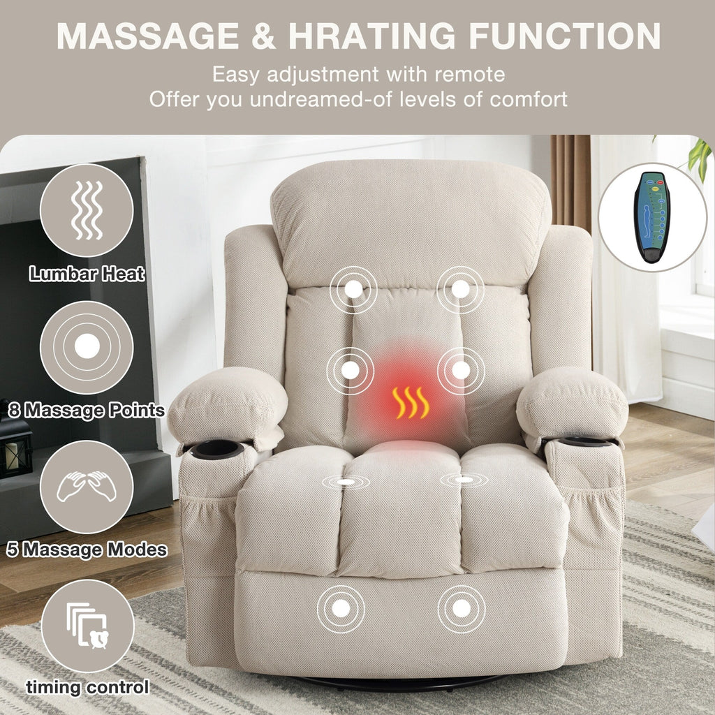 Fauteuil inclinable pivotant à 360 degrés, avec fonction massage, chauffe, balançoire, porte-gobelets (2), poches latérales et chargeur USB.