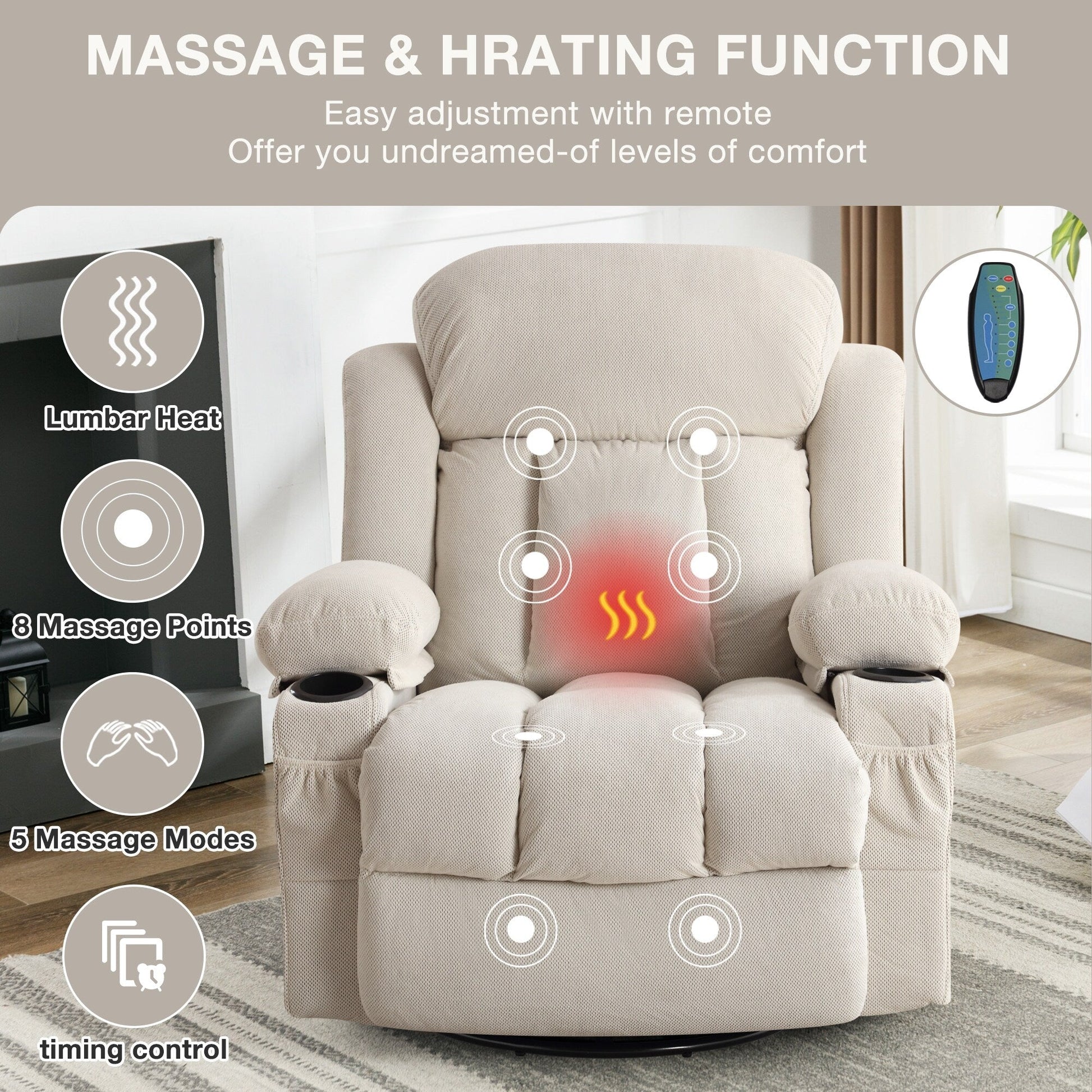 Fauteuil inclinable pivotant à 360 degrés, avec fonction massage, chauffe, balançoire, porte-gobelets (2), poches latérales et chargeur USB.