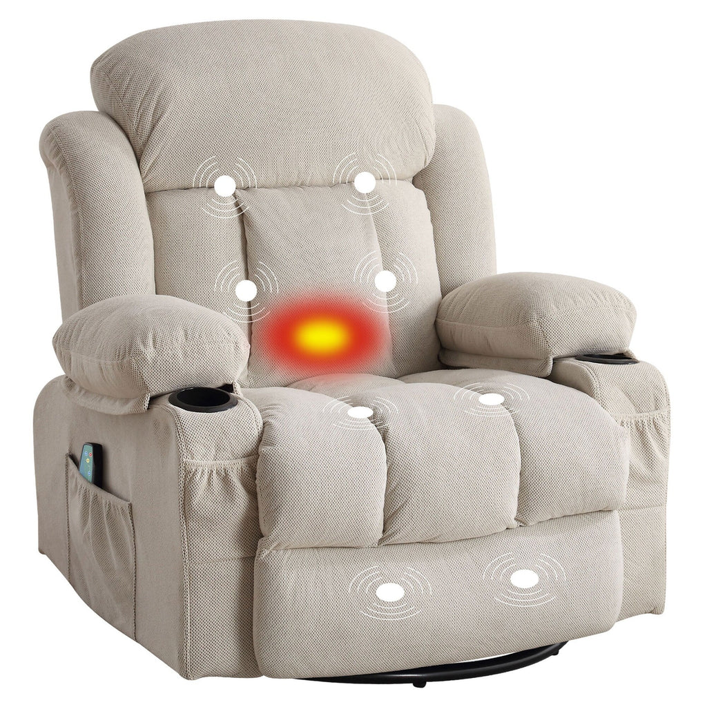 Fauteuil inclinable pivotant à 360 degrés, avec fonction massage, chauffe, balançoire, porte-gobelets (2), poches latérales et chargeur USB.