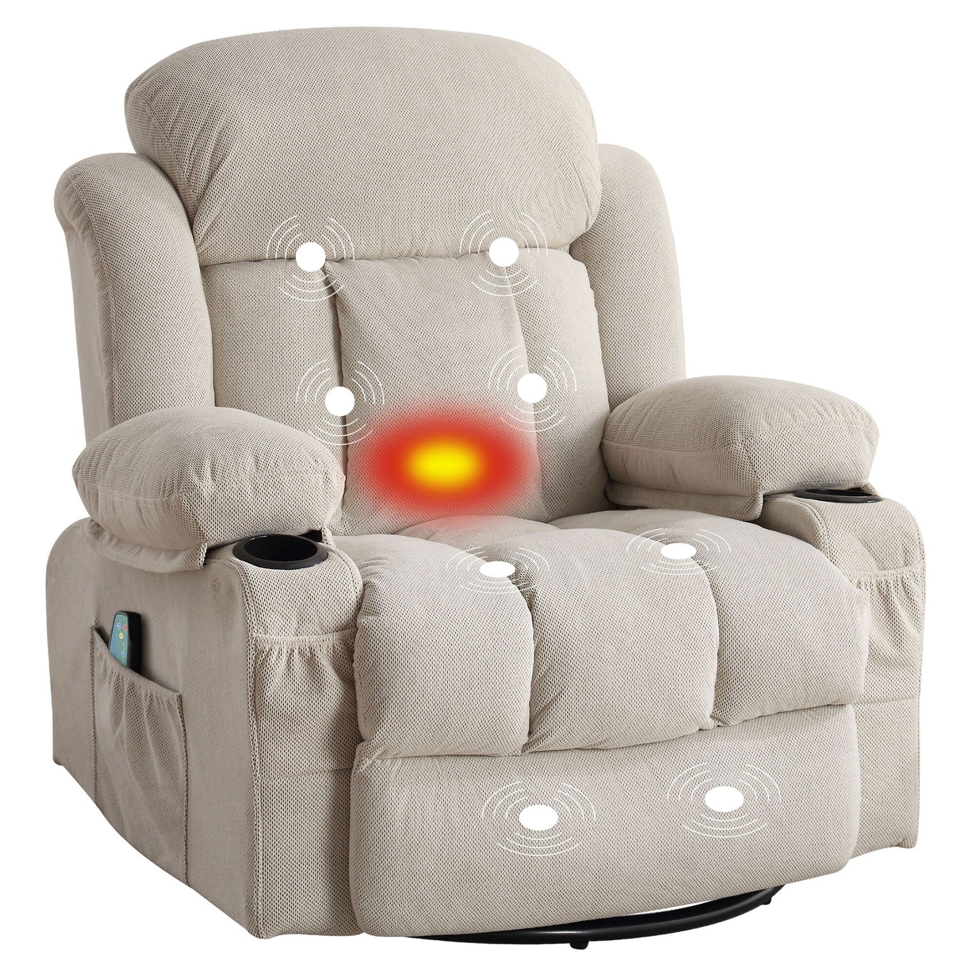 Fauteuil inclinable pivotant à 360 degrés, avec fonction massage, chauffe, balançoire, porte-gobelets (2), poches latérales et chargeur USB.