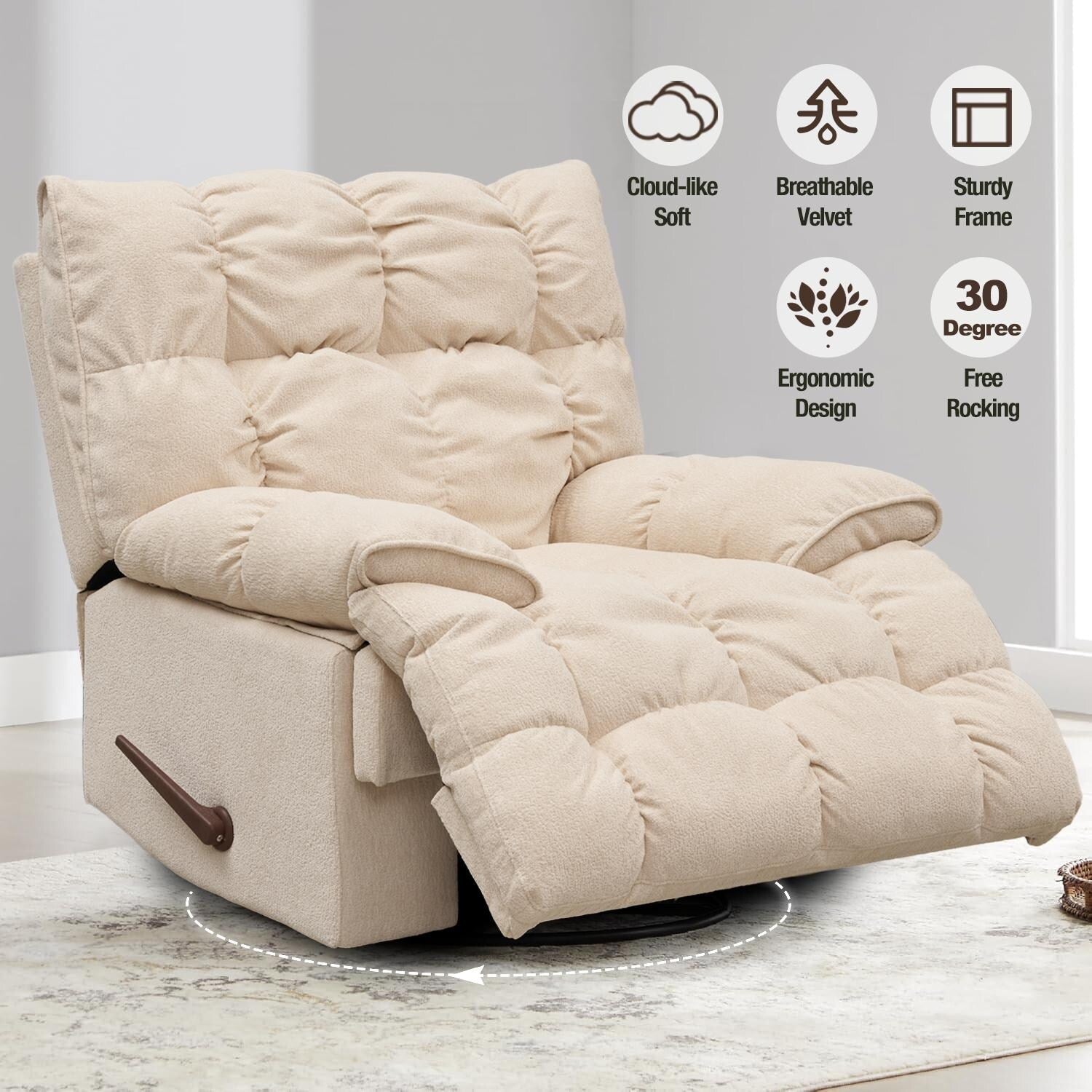 Fauteuil inclinable pivotant à 360°, revêtement en tissu, basculant et inclinable, canapé-lit simple et confortable avec soutien lombaire pour le salon.