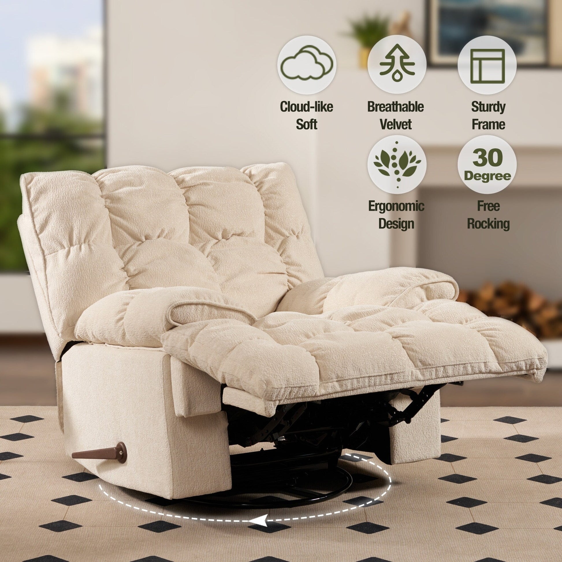 Fauteuil inclinable pivotant à 360°, revêtement en tissu, basculant et inclinable, canapé-lit simple et confortable avec soutien lombaire pour le salon.