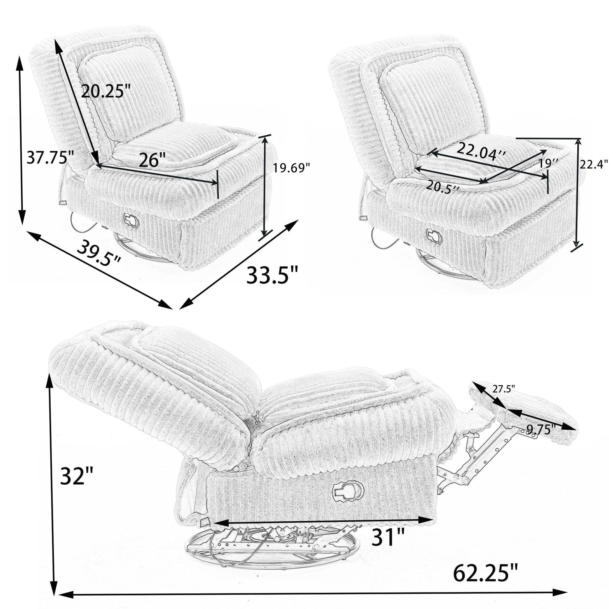 360 Swivel Rocking Recliner with Adjustable Backrest Corduroy