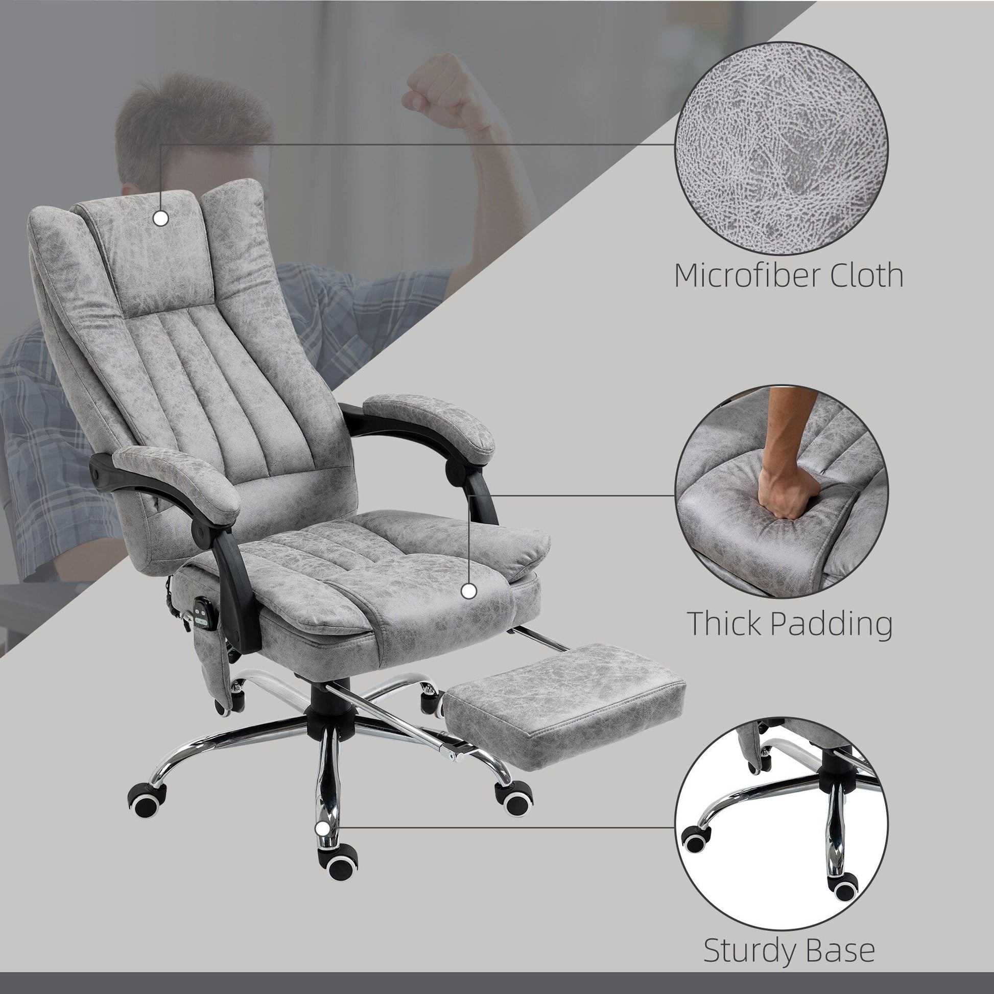 Chaise de bureau de massage pivotante à 360 degrés, chaise inclinable à dossier haut avec chauffage lombaire, dossier inclinable et repose-pieds extensible.