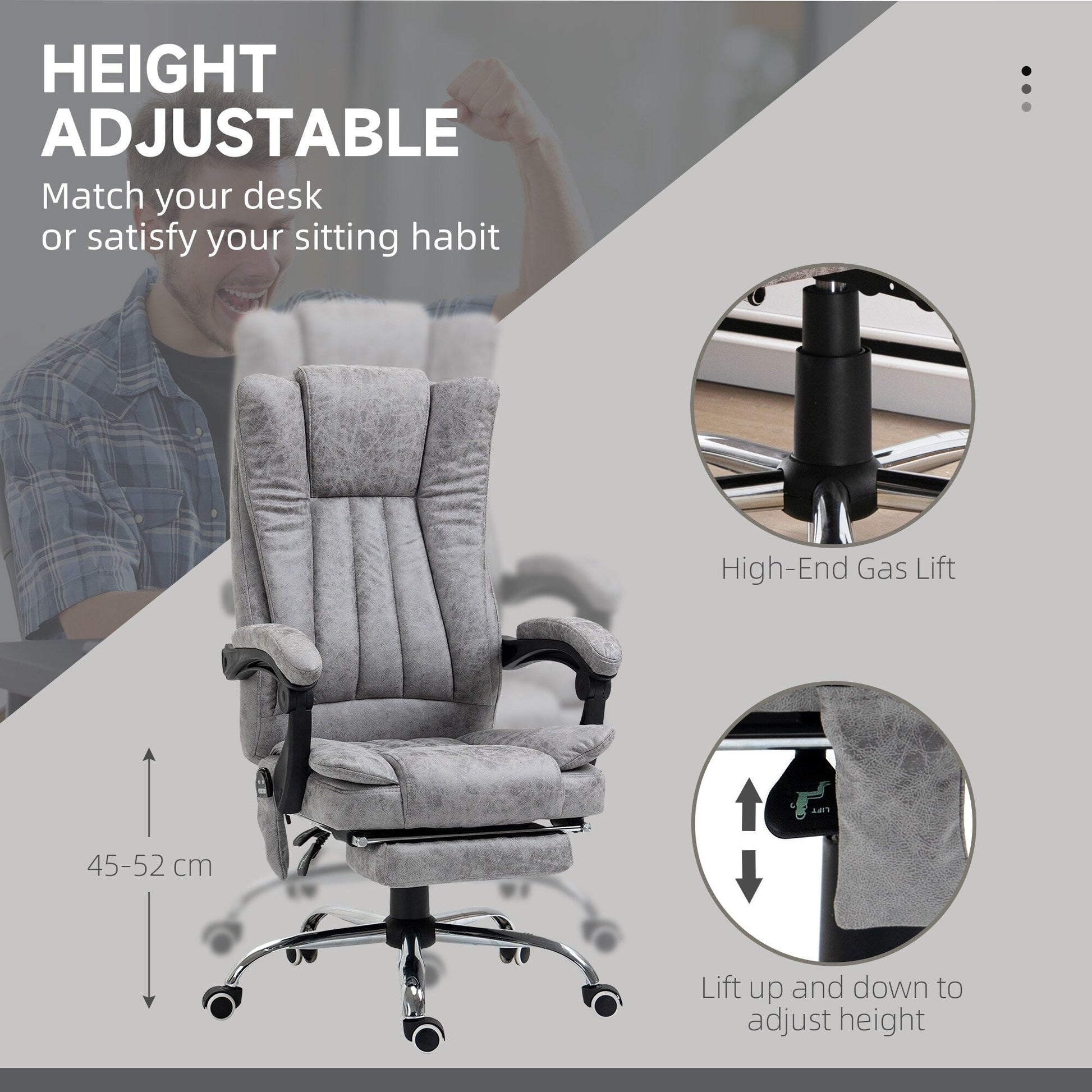Chaise de bureau de massage pivotante à 360 degrés, chaise inclinable à dossier haut avec chauffage lombaire, dossier inclinable et repose-pieds extensible.