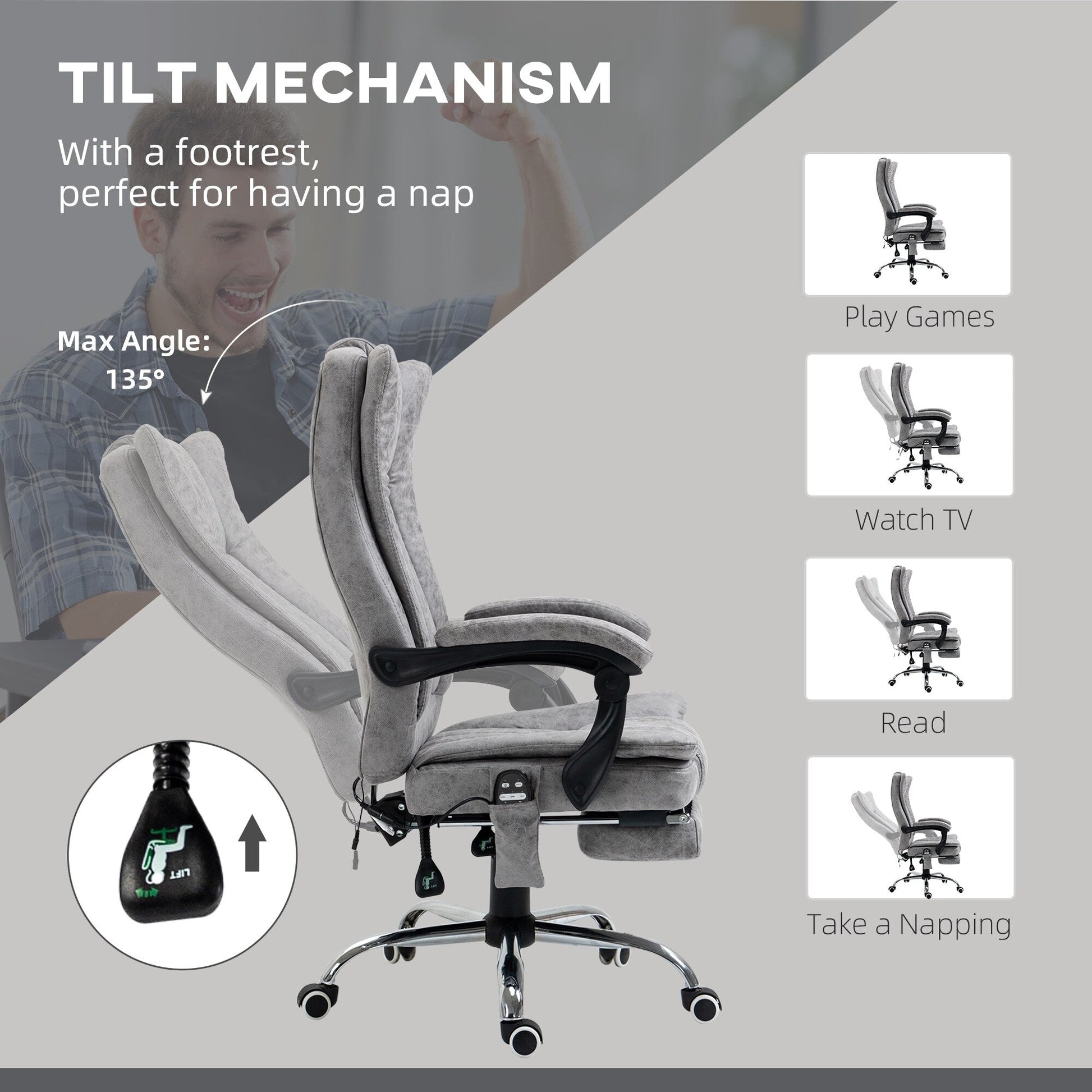 Chaise de bureau de massage pivotante à 360 degrés, chaise inclinable à dossier haut avec chauffage lombaire, dossier inclinable et repose-pieds extensible.