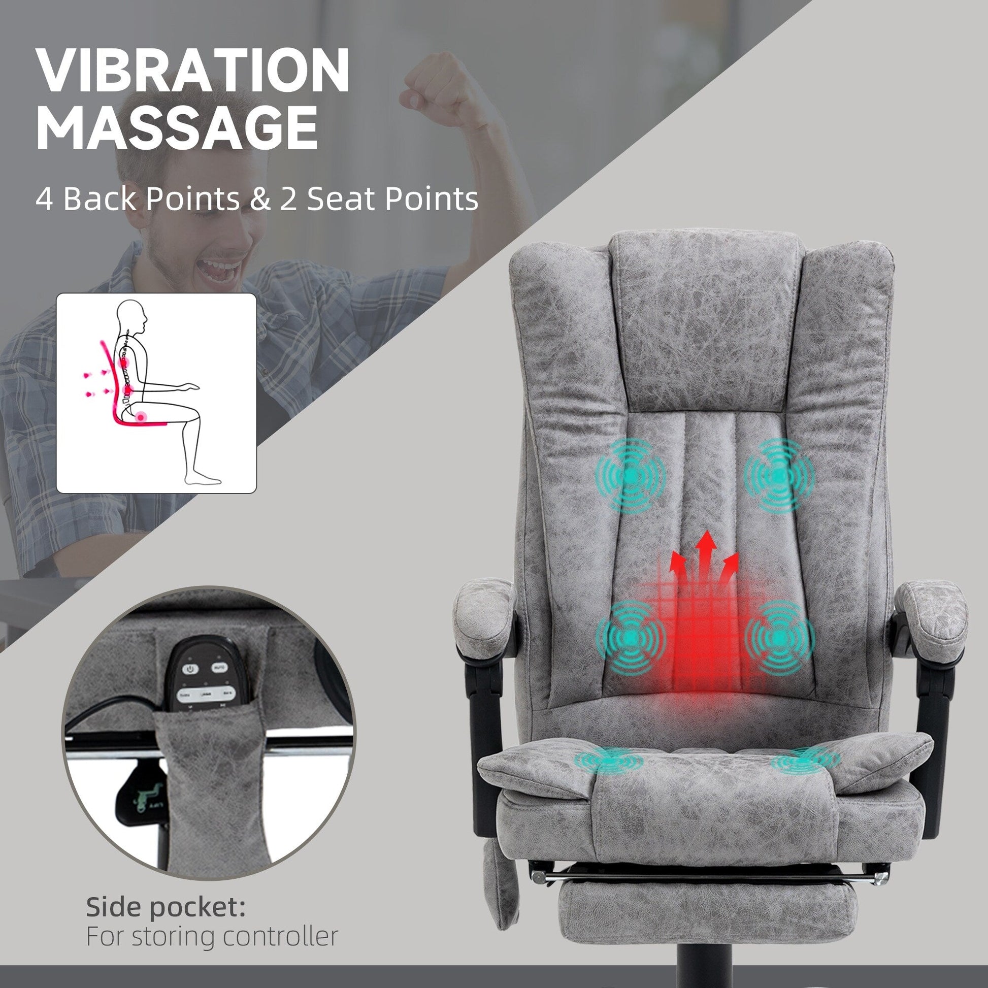 Chaise de bureau de massage pivotante à 360 degrés, chaise inclinable à dossier haut avec chauffage lombaire, dossier inclinable et repose-pieds extensible.
