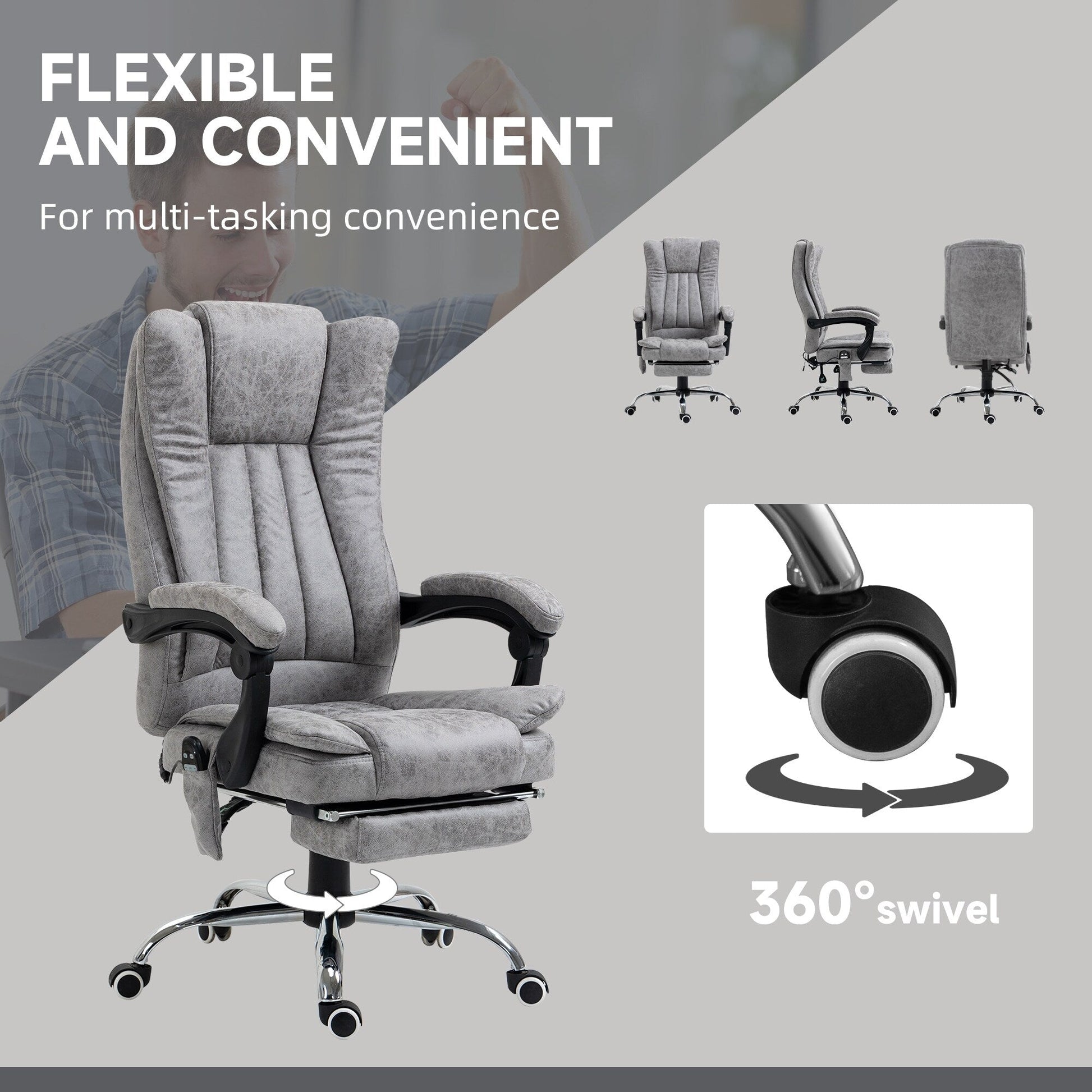 Chaise de bureau de massage pivotante à 360 degrés, chaise inclinable à dossier haut avec chauffage lombaire, dossier inclinable et repose-pieds extensible.