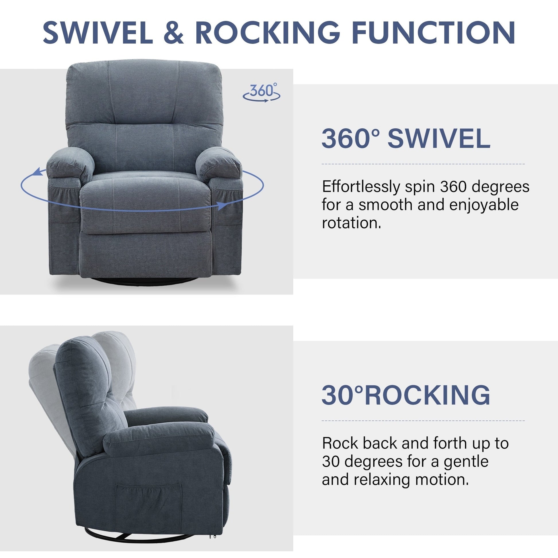 360° Linen Swivel Rocker Recliner with Side Pockets