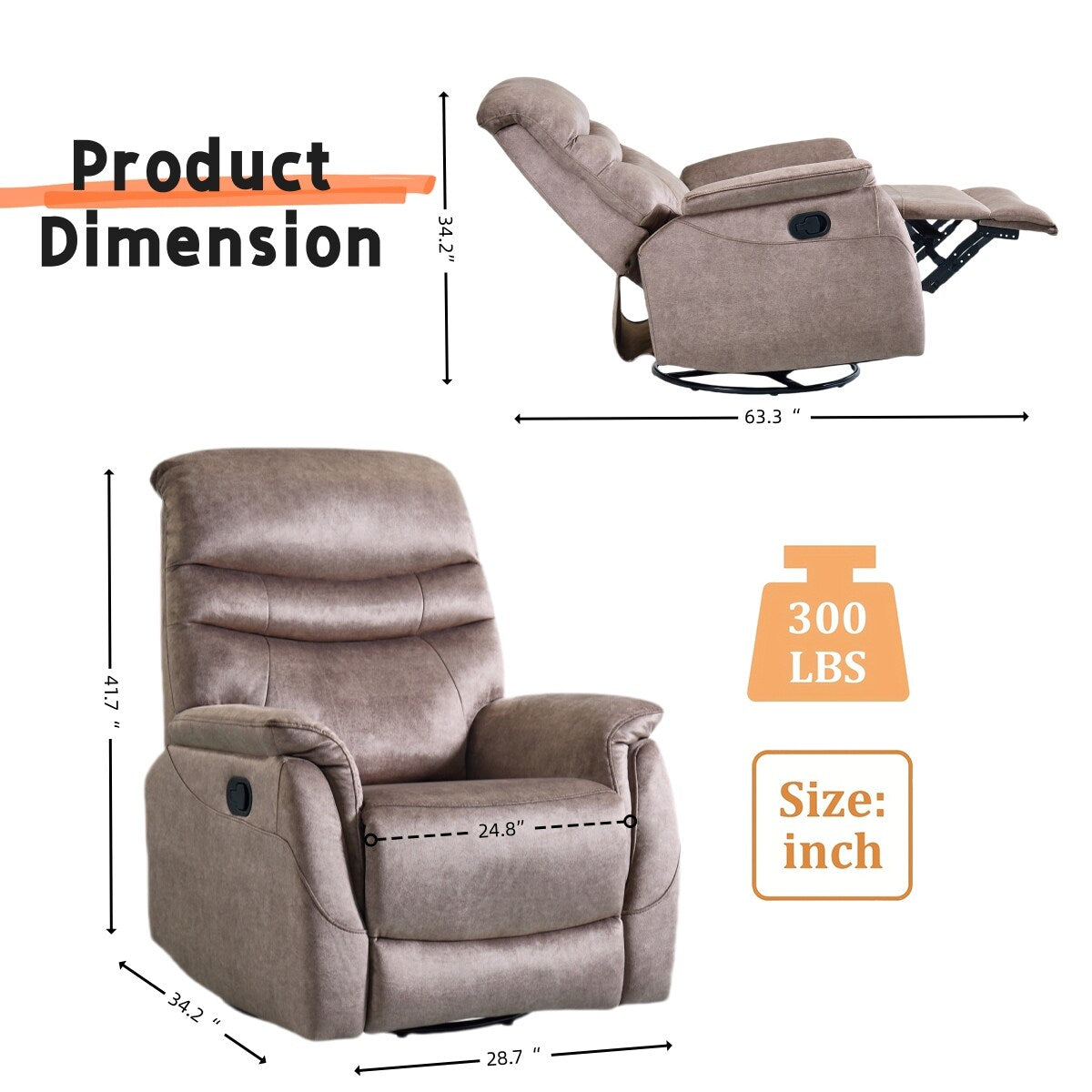 Fauteuil inclinable pivotant à 360° avec dossier réglable, tissu durable, canapé inclinable moderne avec soutien lombaire.