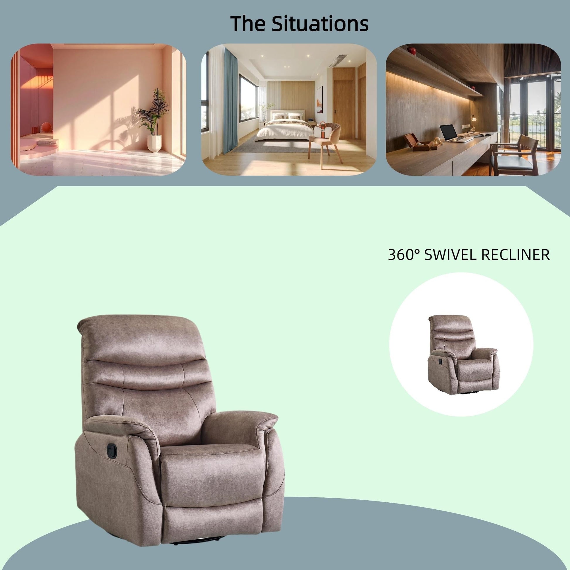 Fauteuil inclinable pivotant à 360° avec dossier réglable, tissu durable, canapé inclinable moderne avec soutien lombaire.