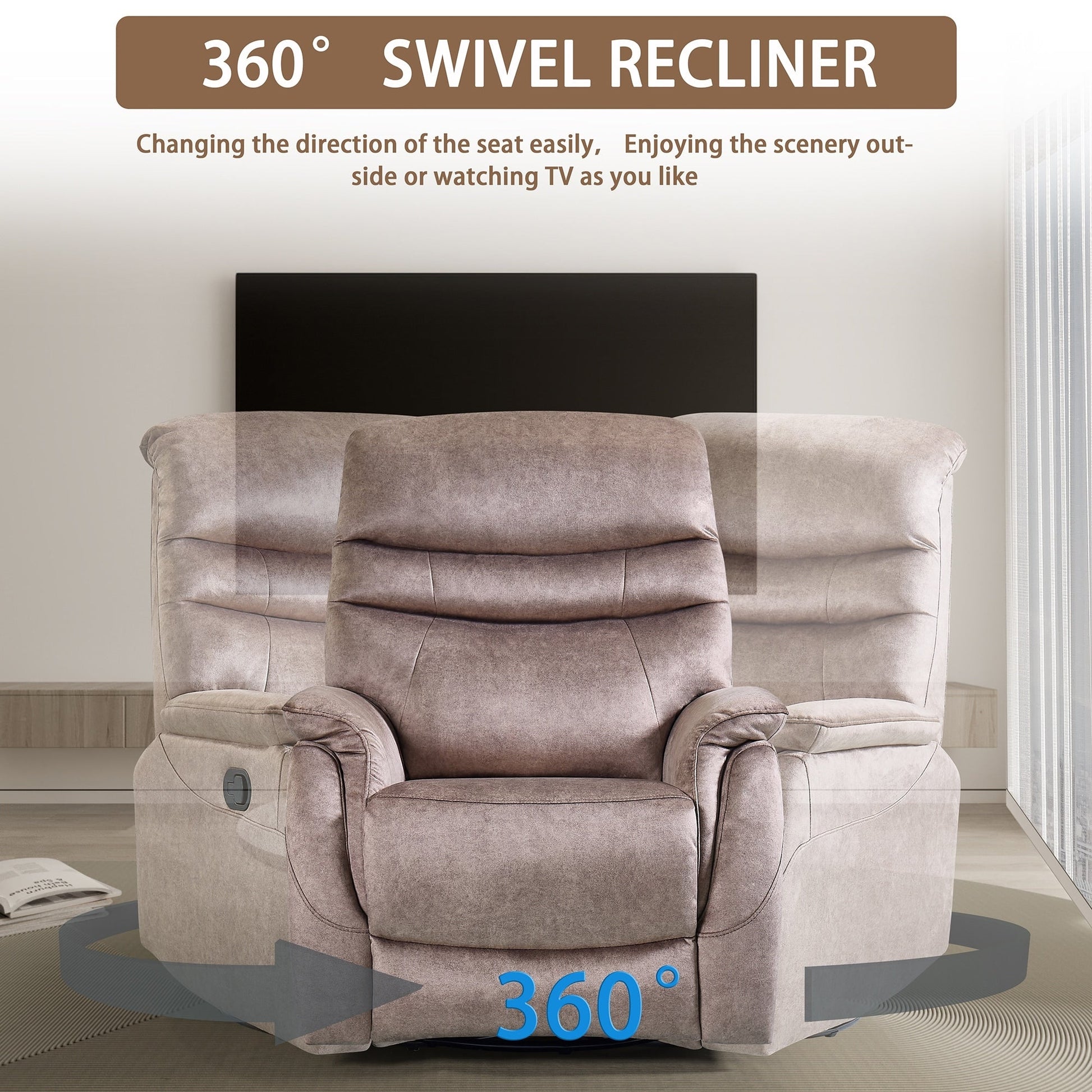 Fauteuil inclinable pivotant à 360° avec dossier réglable, tissu durable, canapé inclinable moderne avec soutien lombaire.