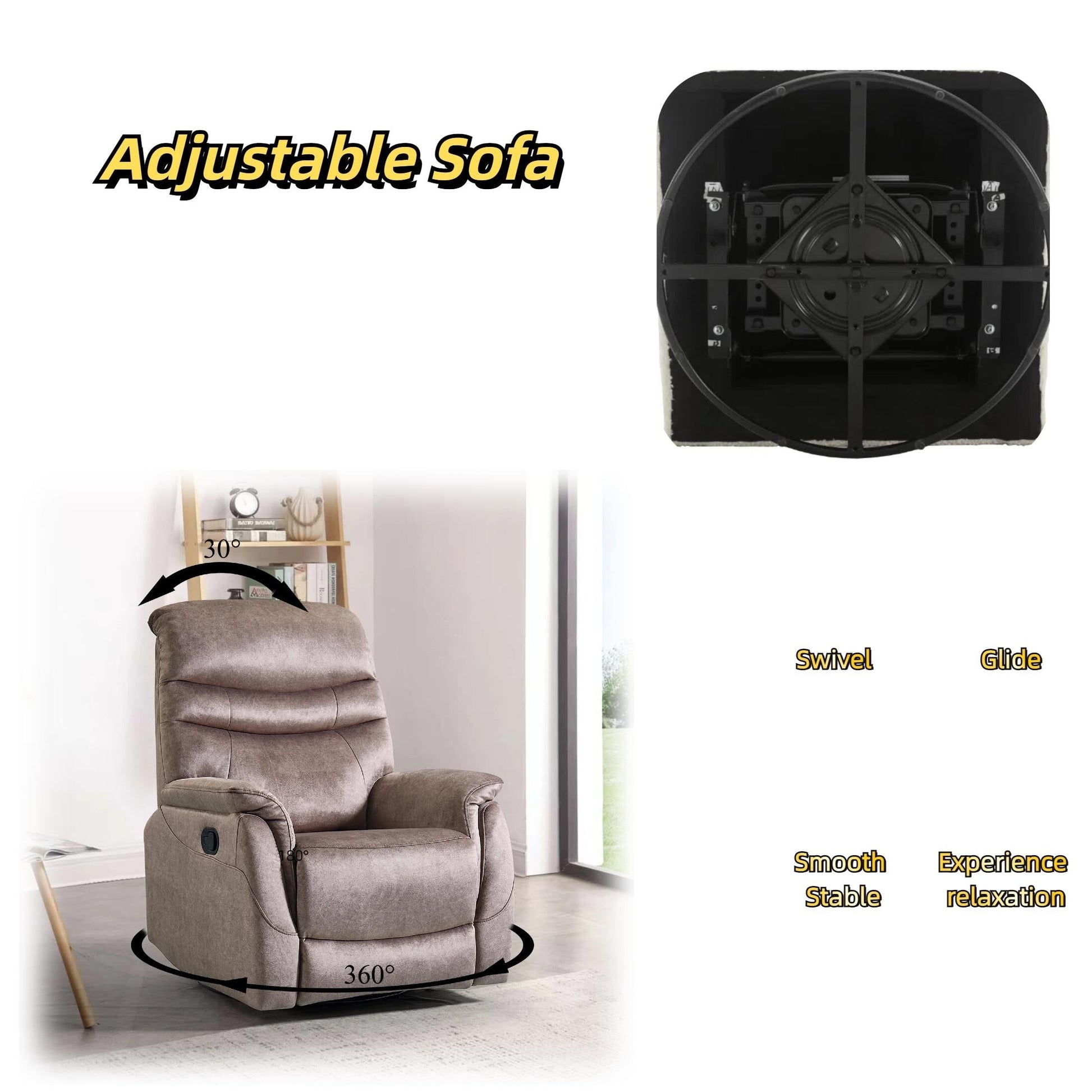 Fauteuil inclinable pivotant à 360° avec dossier réglable, tissu durable, canapé inclinable moderne avec soutien lombaire.