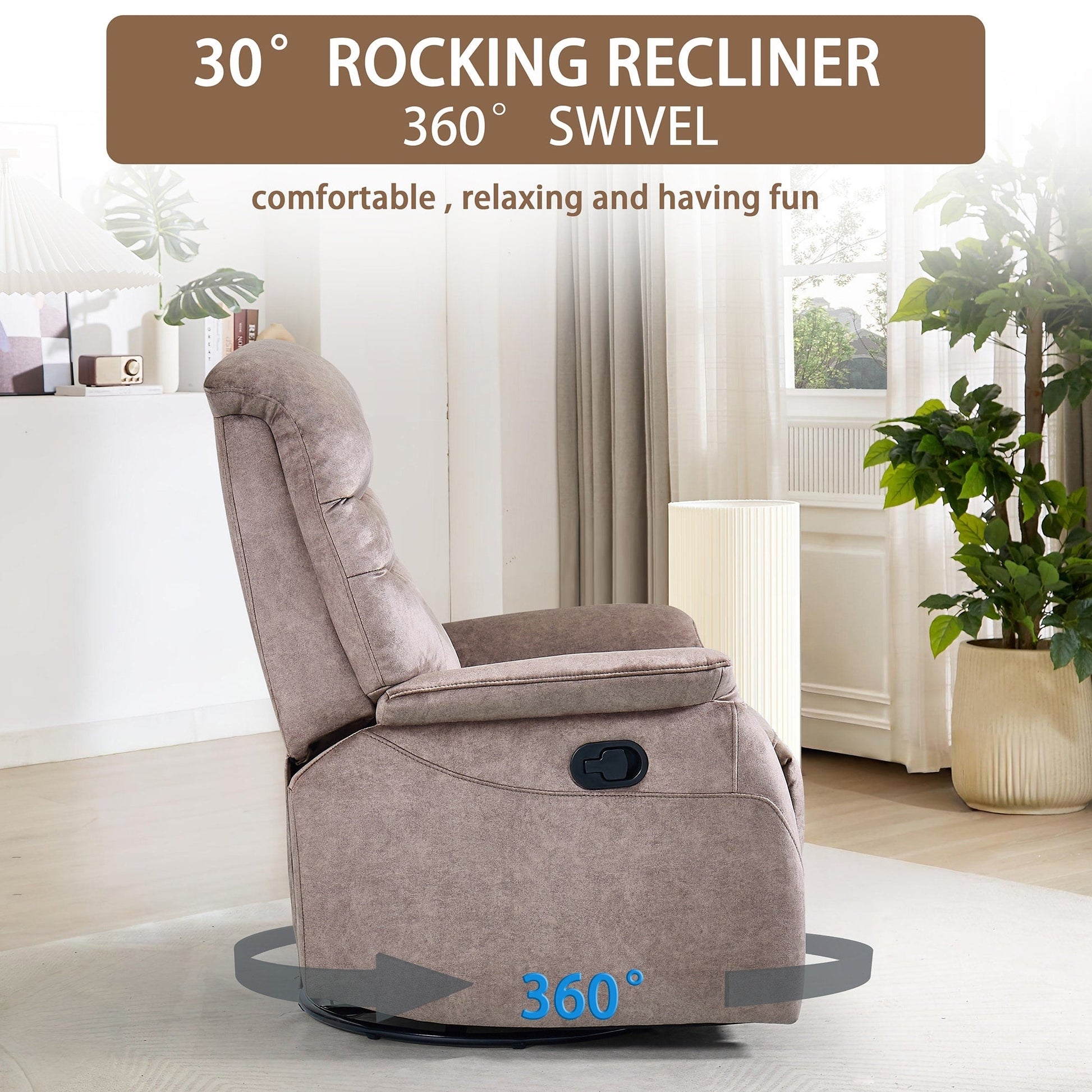 Fauteuil inclinable pivotant à 360° avec dossier réglable, tissu durable, canapé inclinable moderne avec soutien lombaire.