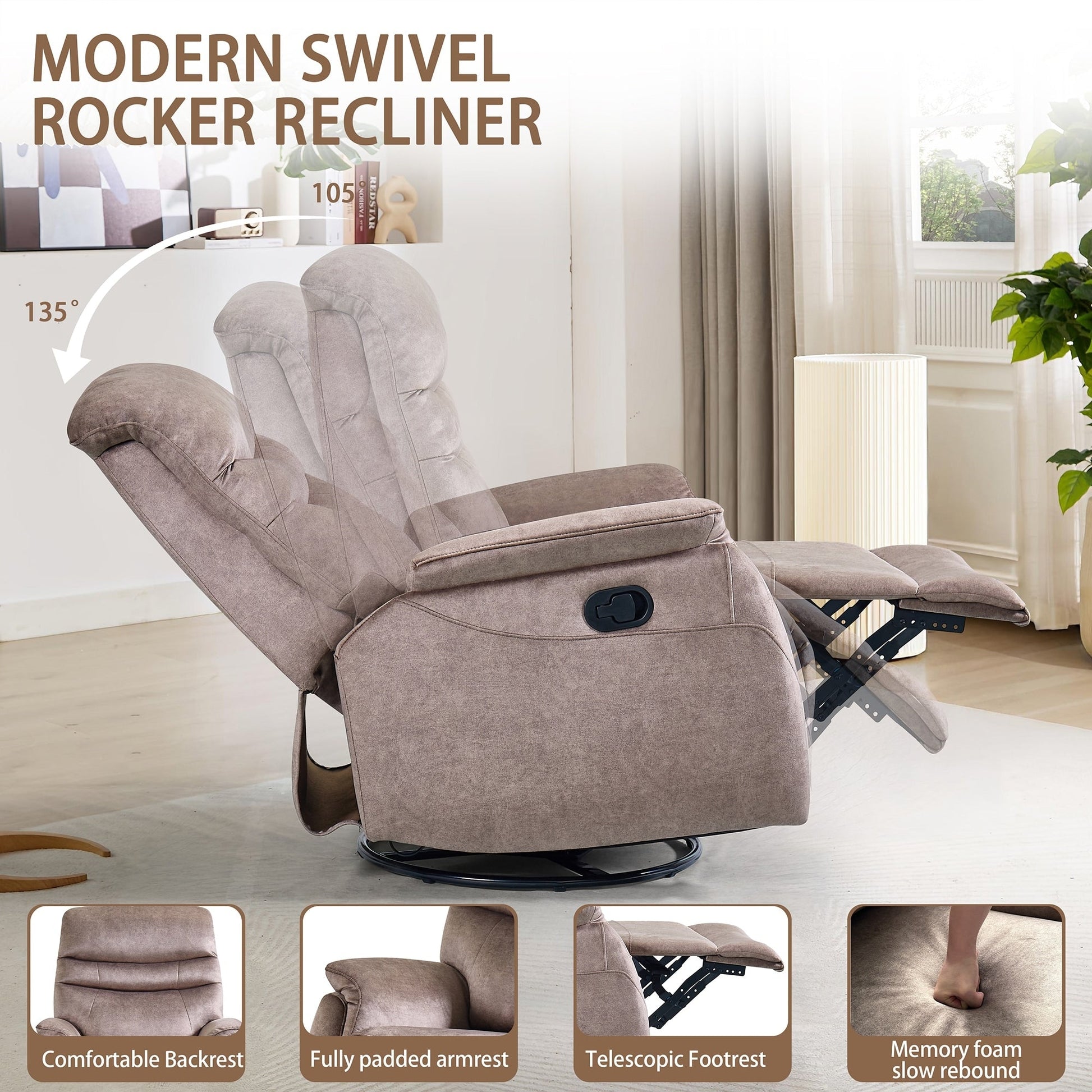 Fauteuil inclinable pivotant à 360° avec dossier réglable, tissu durable, canapé inclinable moderne avec soutien lombaire.