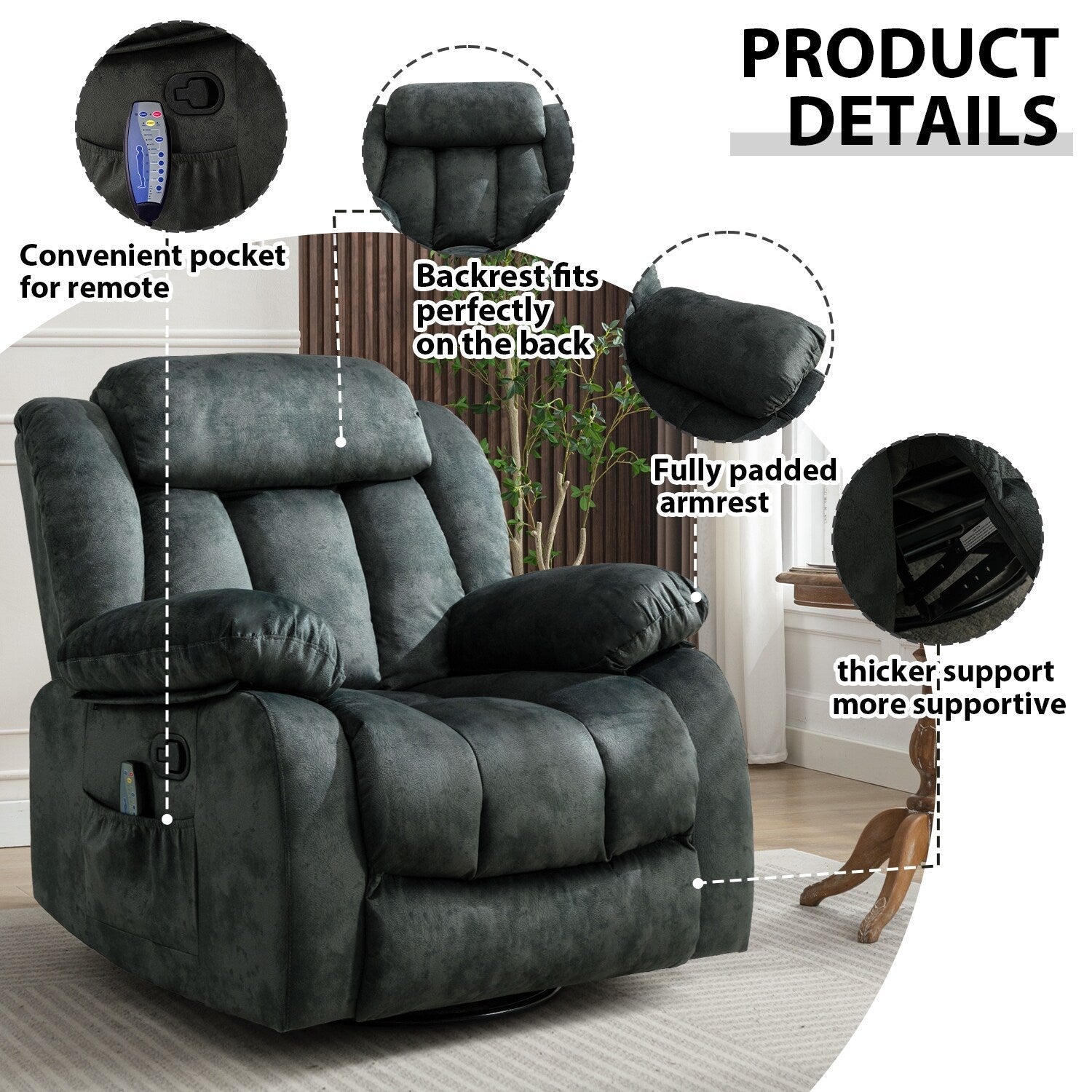 Fauteuil inclinable à massage manuel oscillant rotatif à 360° avec chaleur et vibration