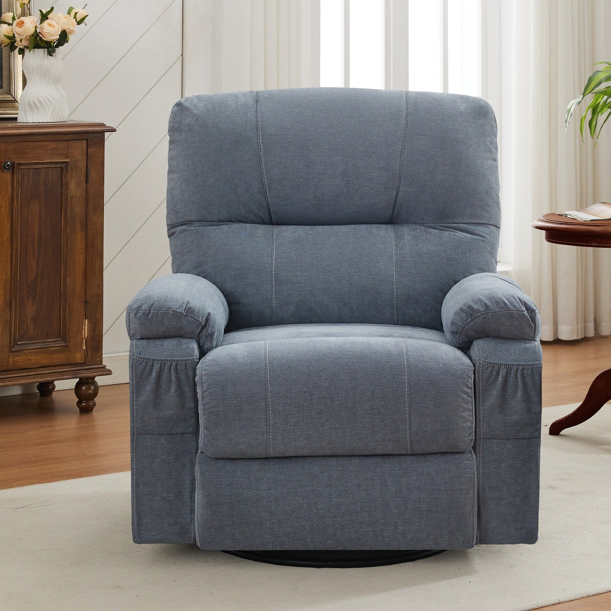 360° Rotating Recliner Chair with Adjustable Backrest, Swivel Rocking Armchair with Footrest, Soft Cushions & Side Pockets