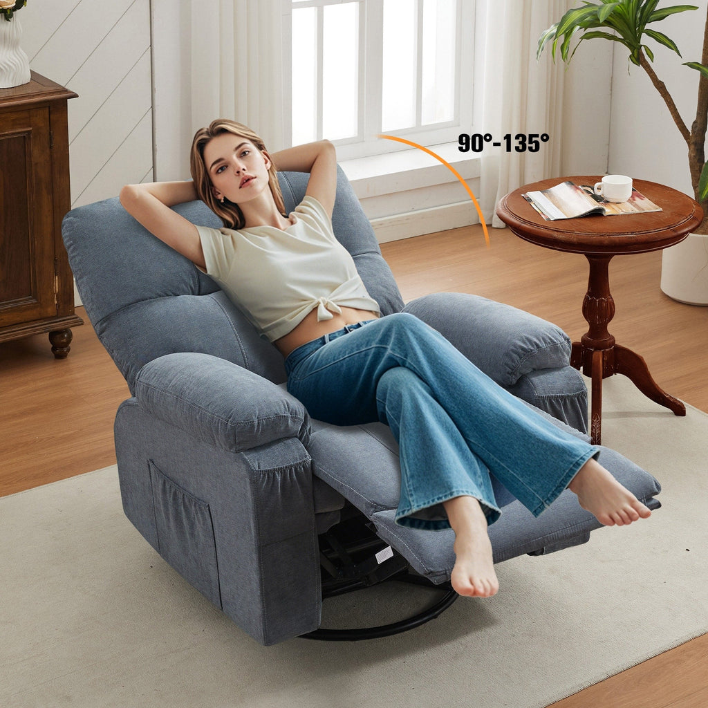 360° Rotating Recliner Chair with Adjustable Backrest, Swivel Rocking Armchair with Footrest, Soft Cushions & Side Pockets