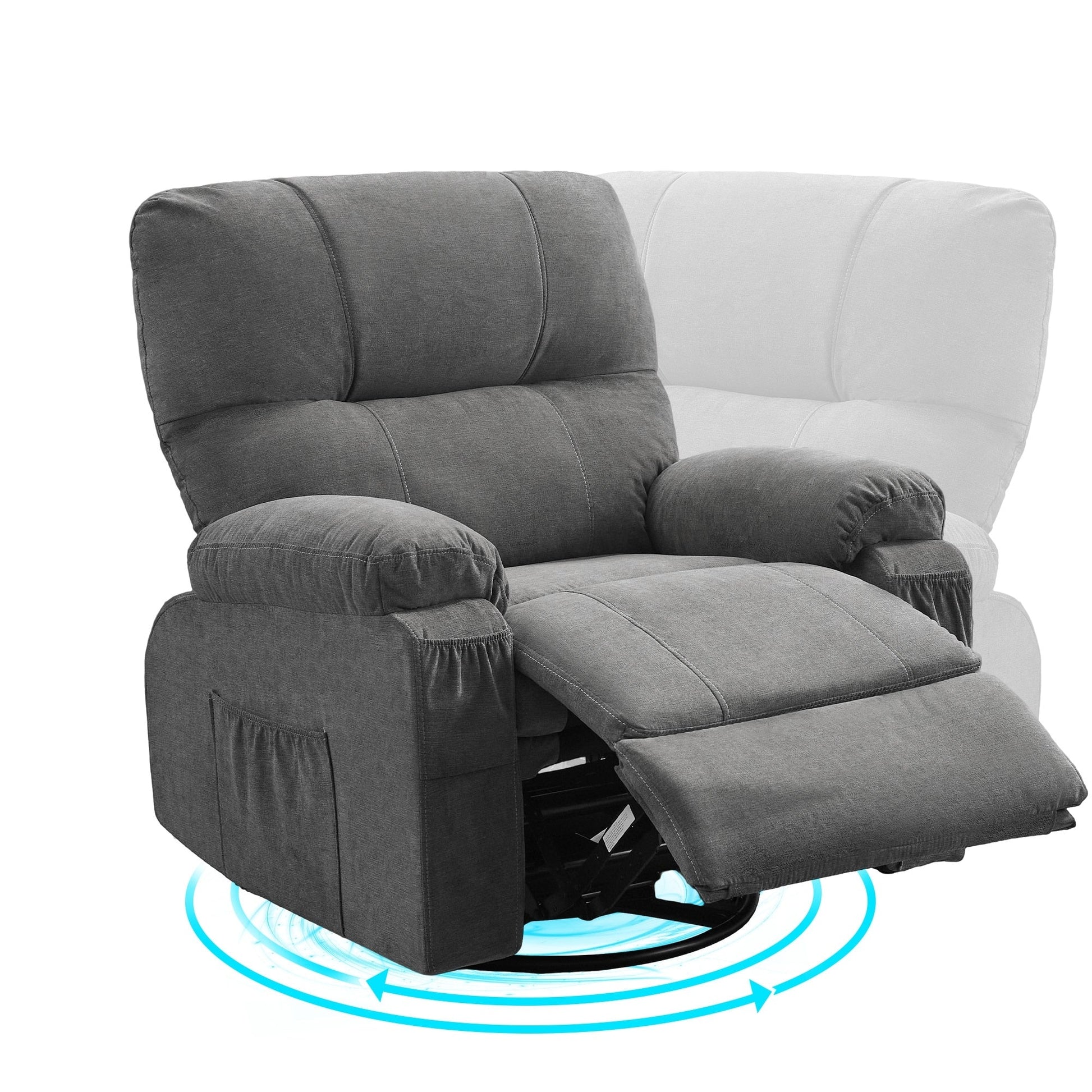 360° Rotating Recliner Chair with Adjustable Backrest, Swivel Rocking Armchair with Footrest, Soft Cushions & Side Pockets