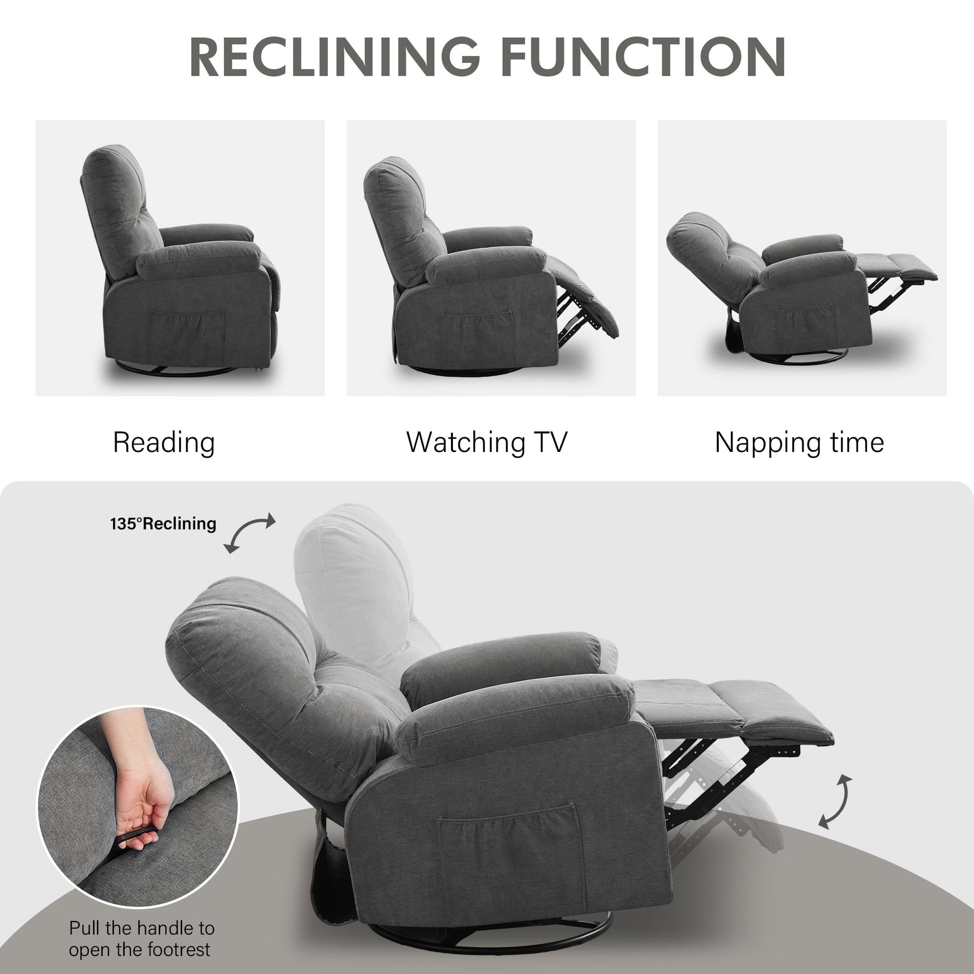 360° Rotating Recliner Chair with Adjustable Backrest, Swivel Rocking Armchair with Footrest, Soft Cushions & Side Pockets