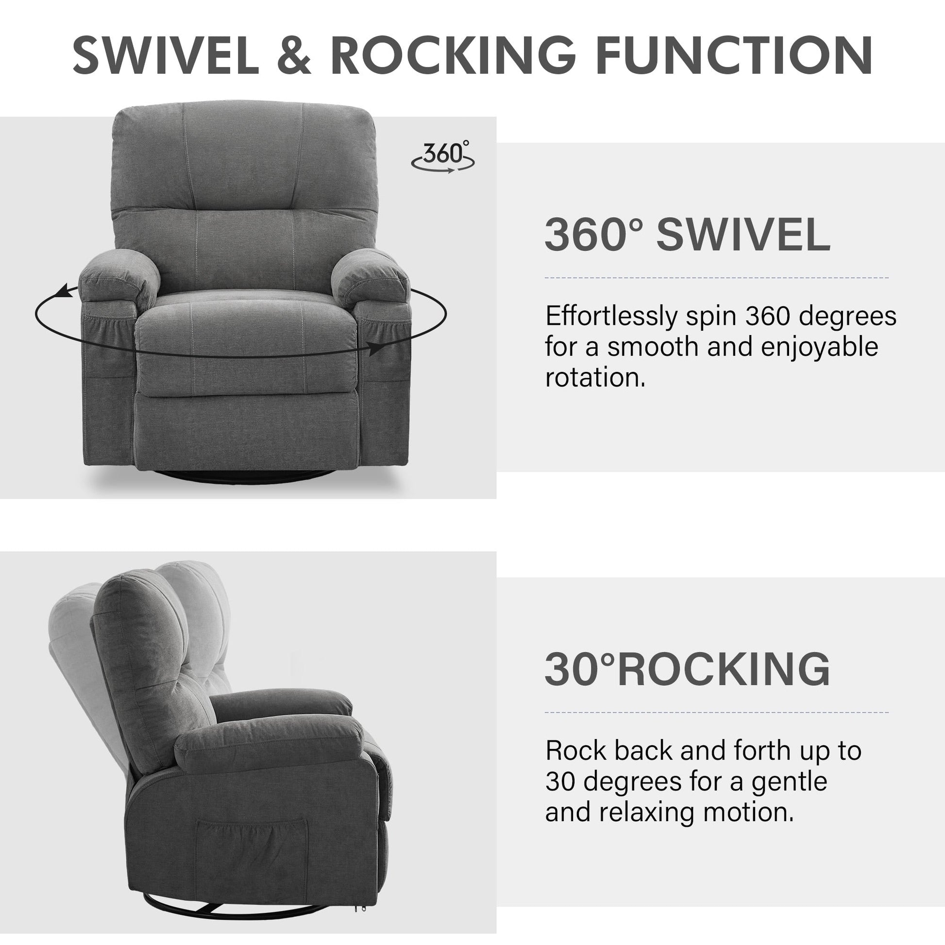 360° Rotating Recliner Chair with Adjustable Backrest, Swivel Rocking Armchair with Footrest, Soft Cushions & Side Pockets