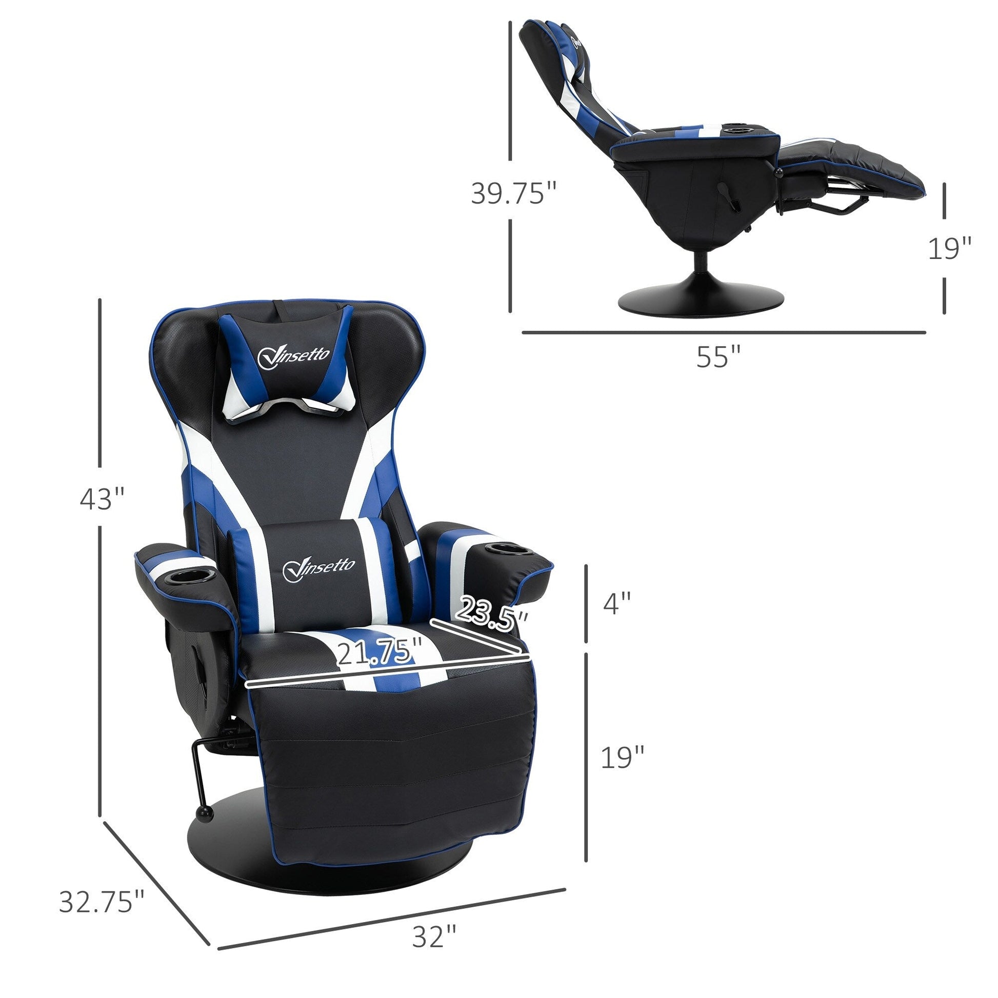 Chaise de jeu pivotante à 360°, style course, inclinable, ergonomique, pour ordinateur et bureau, avec support lombaire, repose-pieds et porte-gobelets.