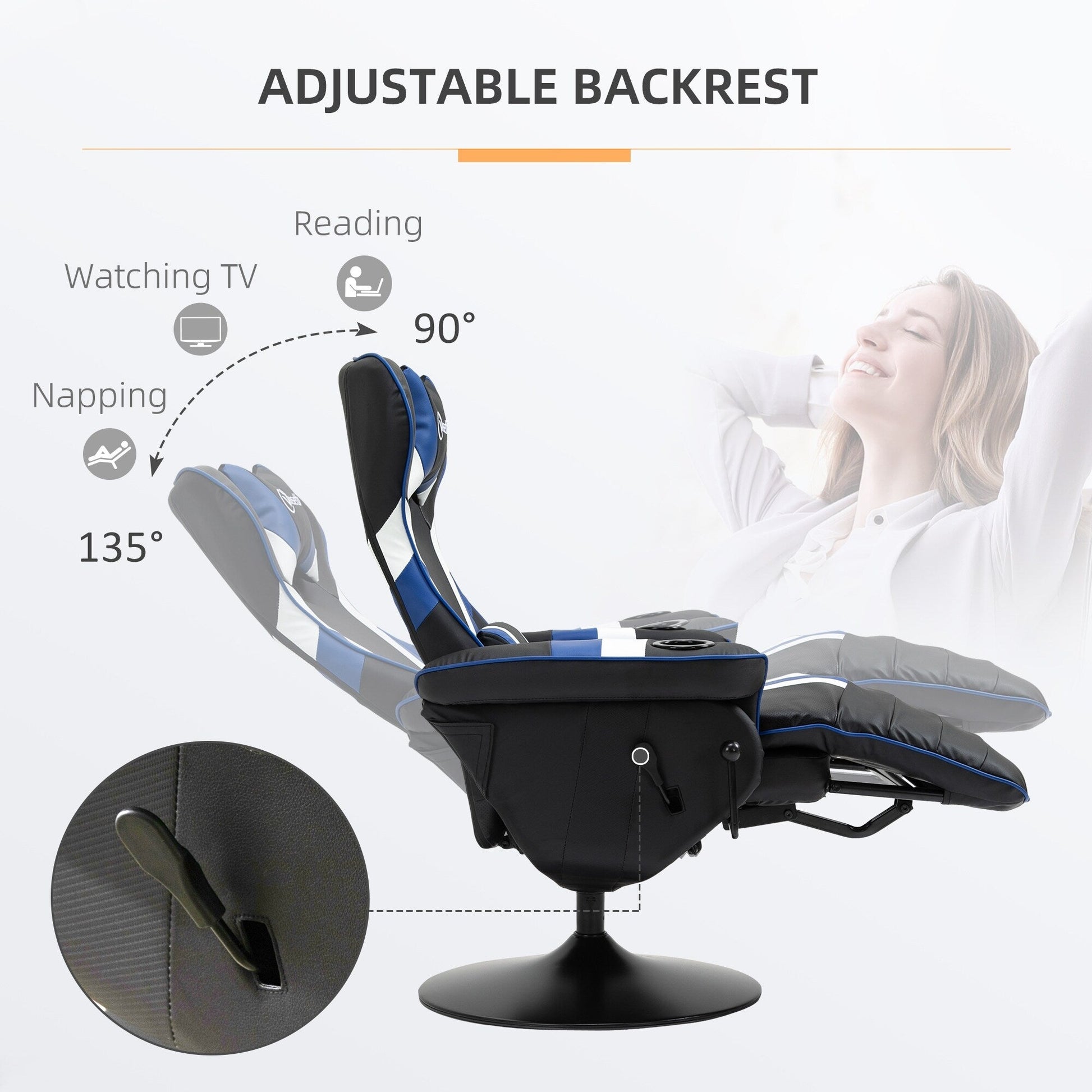 Chaise de jeu pivotante à 360°, style course, inclinable, ergonomique, pour ordinateur et bureau, avec support lombaire, repose-pieds et porte-gobelets.