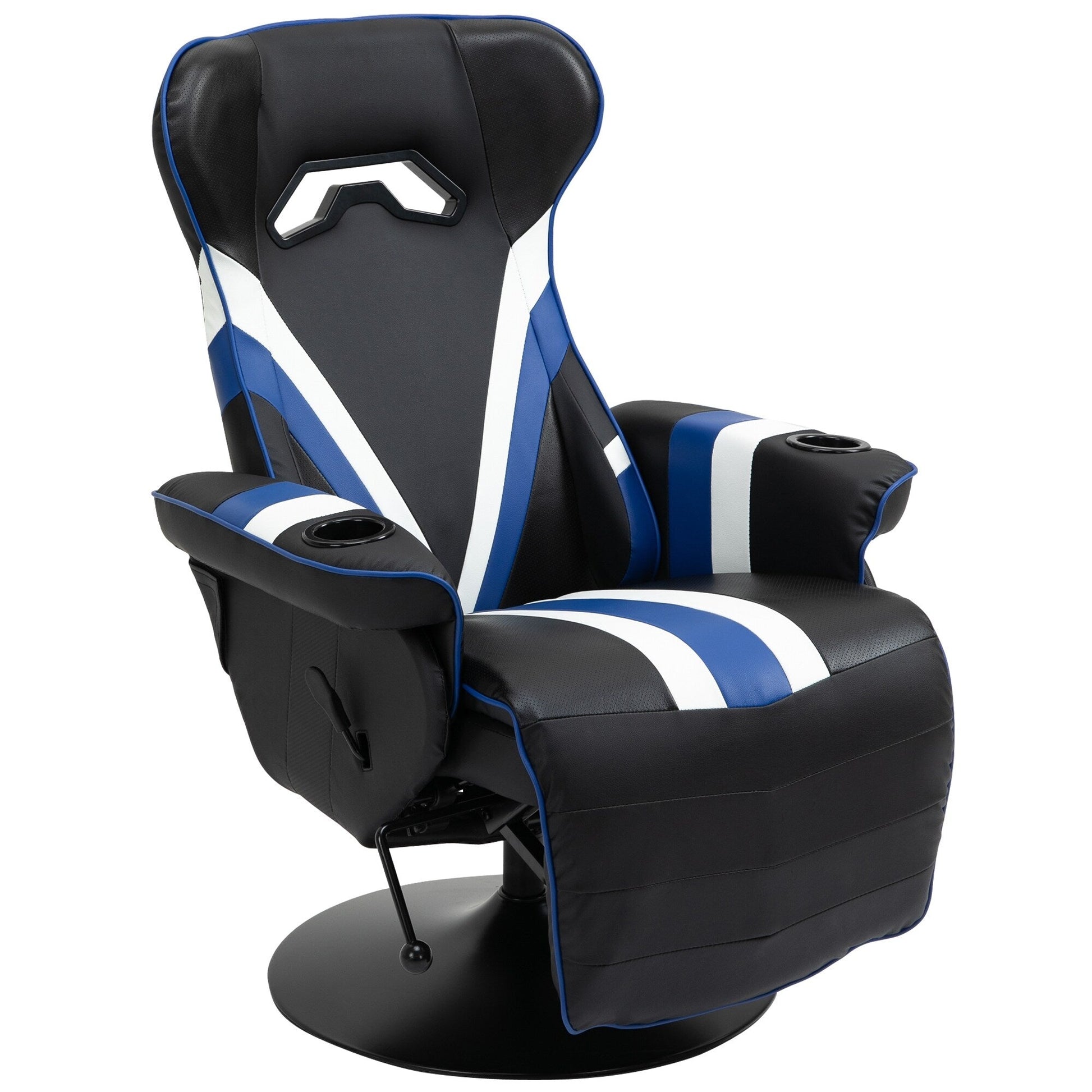 Chaise de jeu pivotante à 360°, style course, inclinable, ergonomique, pour ordinateur et bureau, avec support lombaire, repose-pieds et porte-gobelets.