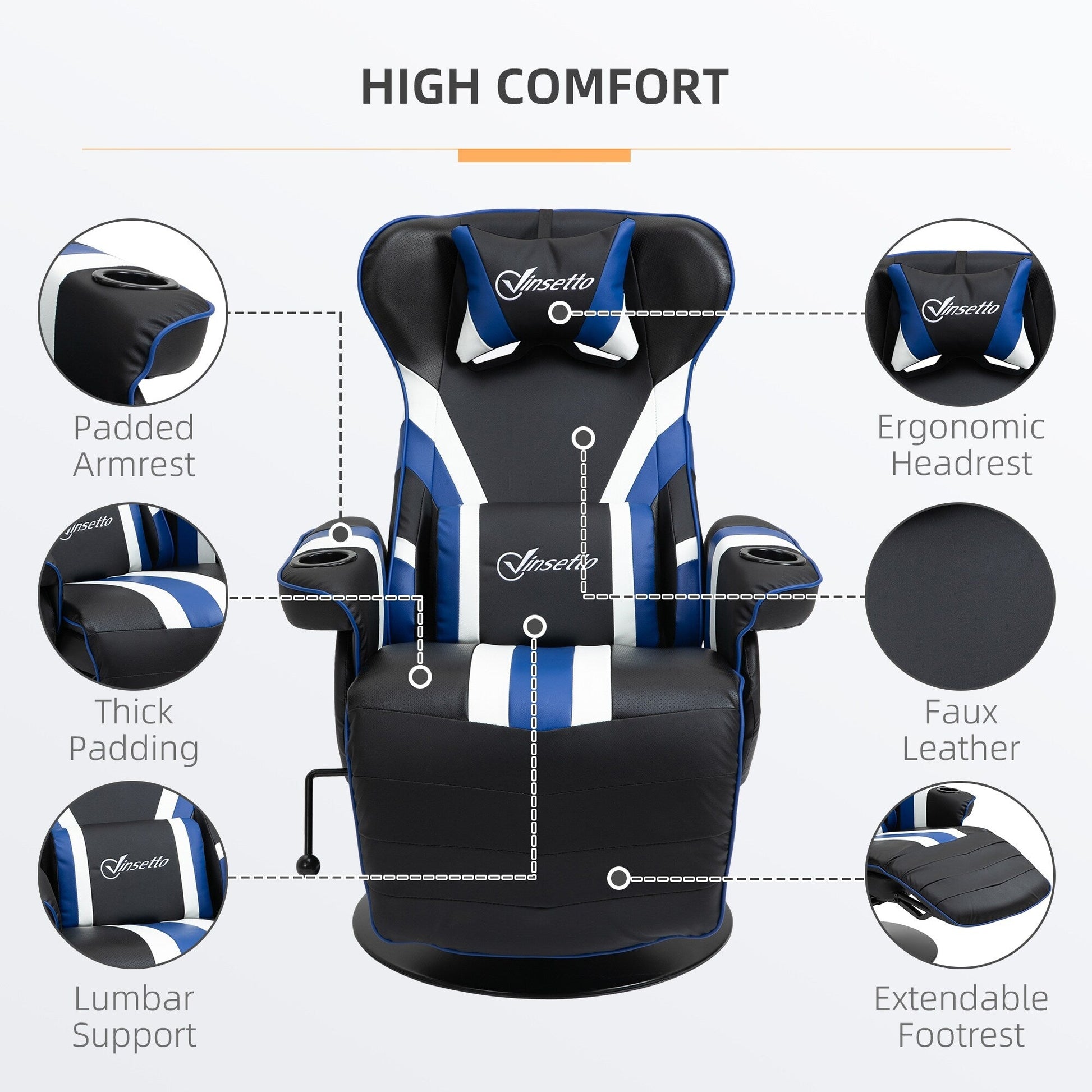 Chaise de jeu pivotante à 360°, style course, inclinable, ergonomique, pour ordinateur et bureau, avec support lombaire, repose-pieds et porte-gobelets.