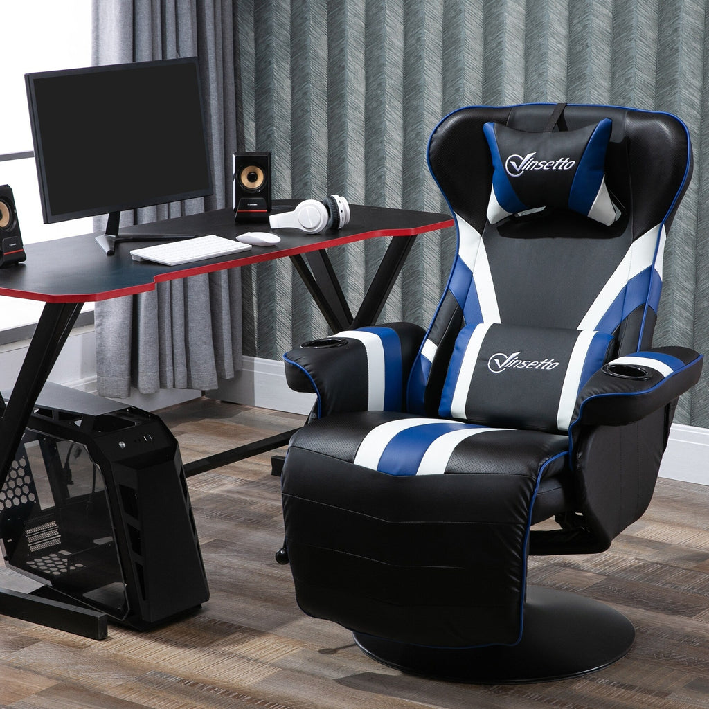 Chaise de jeu pivotante à 360°, style course, inclinable, ergonomique, pour ordinateur et bureau, avec support lombaire, repose-pieds et porte-gobelets.