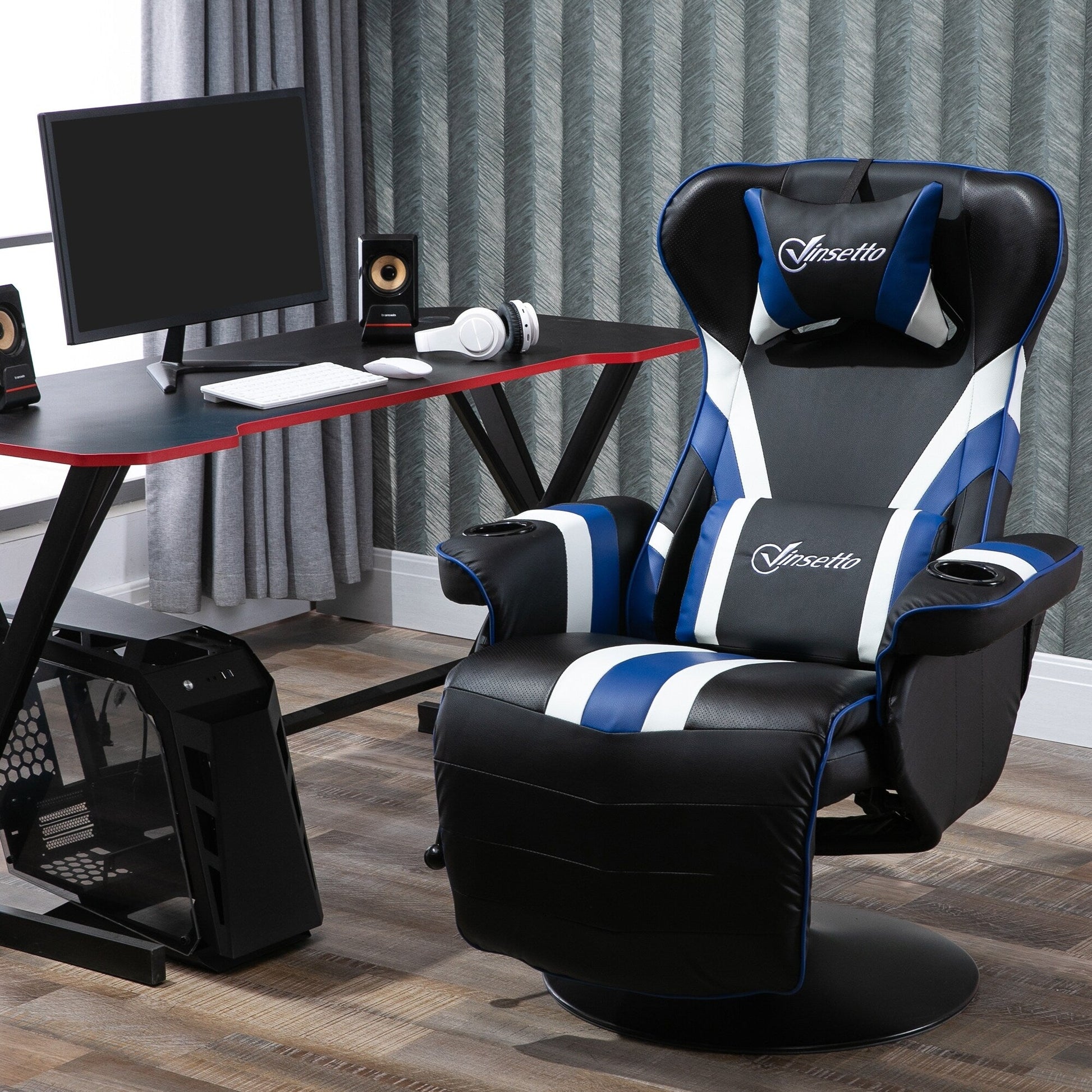 Chaise de jeu pivotante à 360°, style course, inclinable, ergonomique, pour ordinateur et bureau, avec support lombaire, repose-pieds et porte-gobelets.