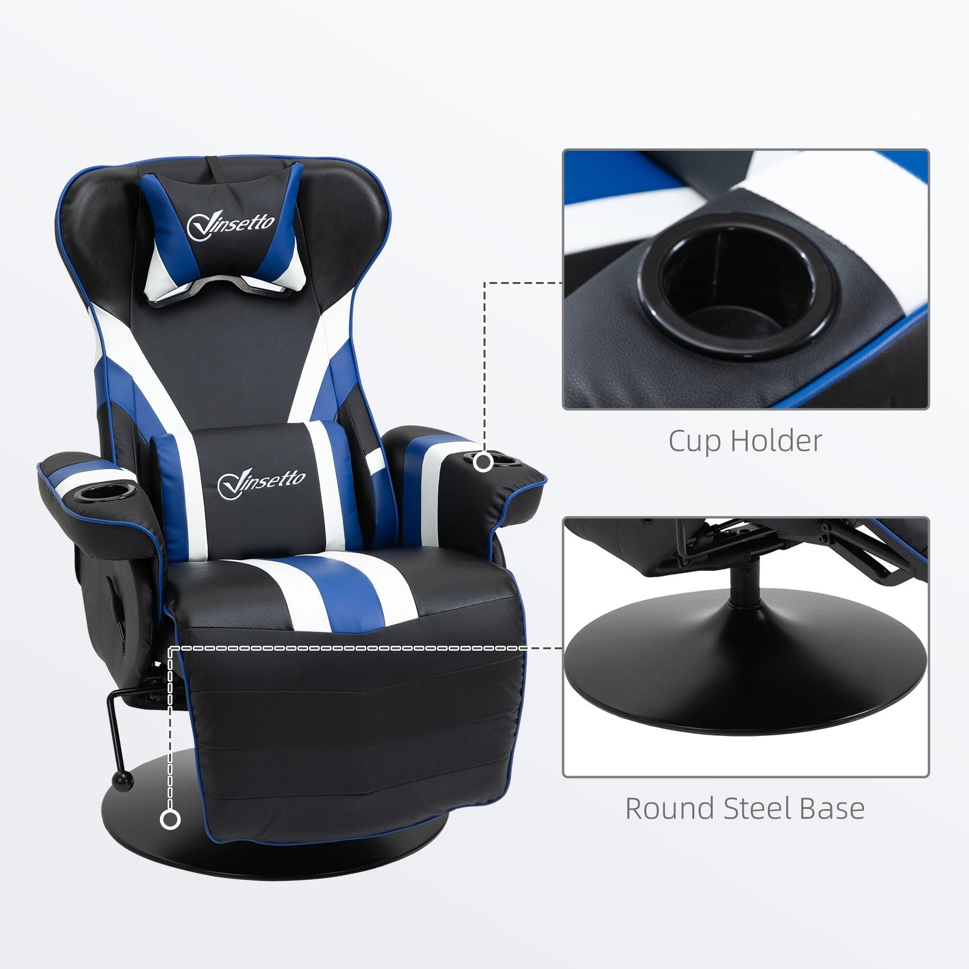 Chaise de jeu pivotante à 360°, style course, inclinable, ergonomique, pour ordinateur et bureau, avec support lombaire, repose-pieds et porte-gobelets.